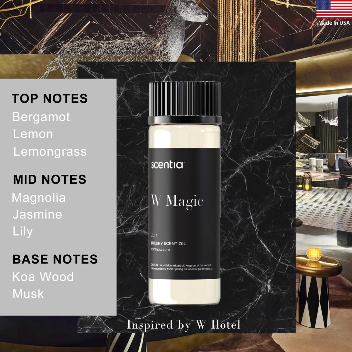 Scentia Hotel Diffuser Oil | Aromatherapy Fragrances Inspired by 5-Star Hotels | Luxurious Scents Gift Set - 3 x 20ml Bottles Set - The 1 Hotel Miami, W Hotel, The Ritz Carlton
