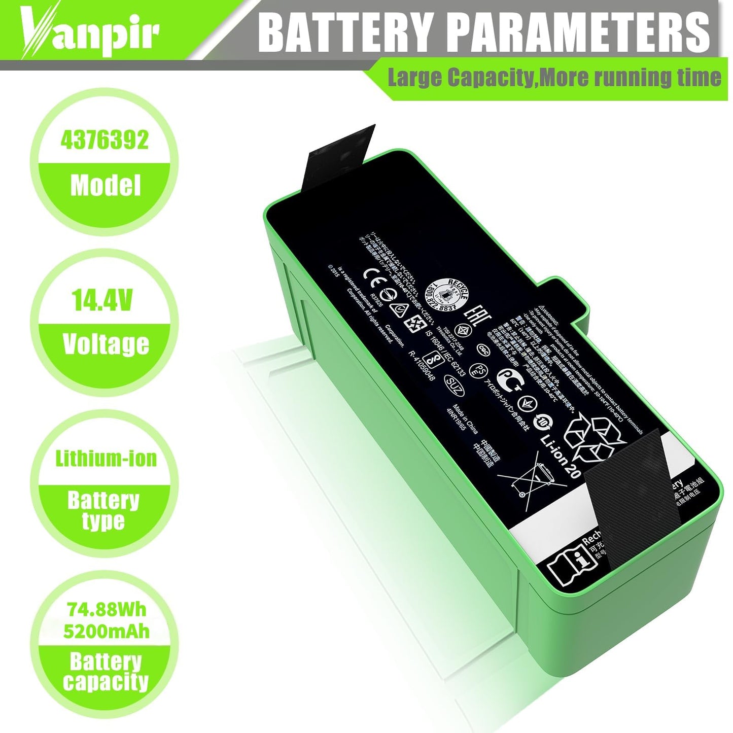 Replacement Battery for iRobot Roomba 500 600 700 800 900 Series 4376392 5200mAh 74.88Wh Upgrade battery Compatible with Roomba 960 981 970 965 801 805 850 860 890 891 895 695 690 685 680 670 1800LI