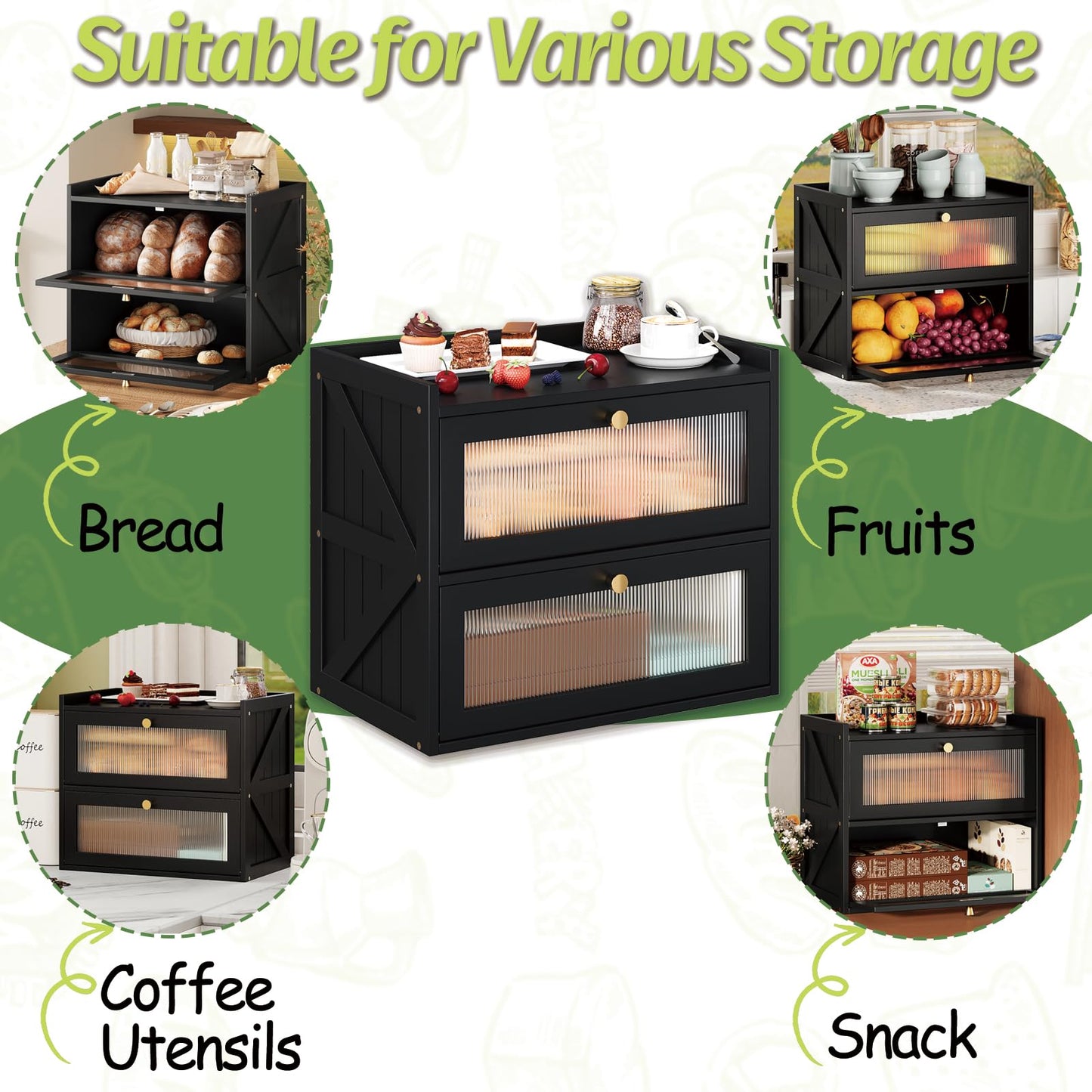 Trironsun Double Layer Bread Box for Kitchen Counter Black Bread Storage Container with Acrylic Door Large Farmhouse Breadbox Organizer Bread Holder (Black)