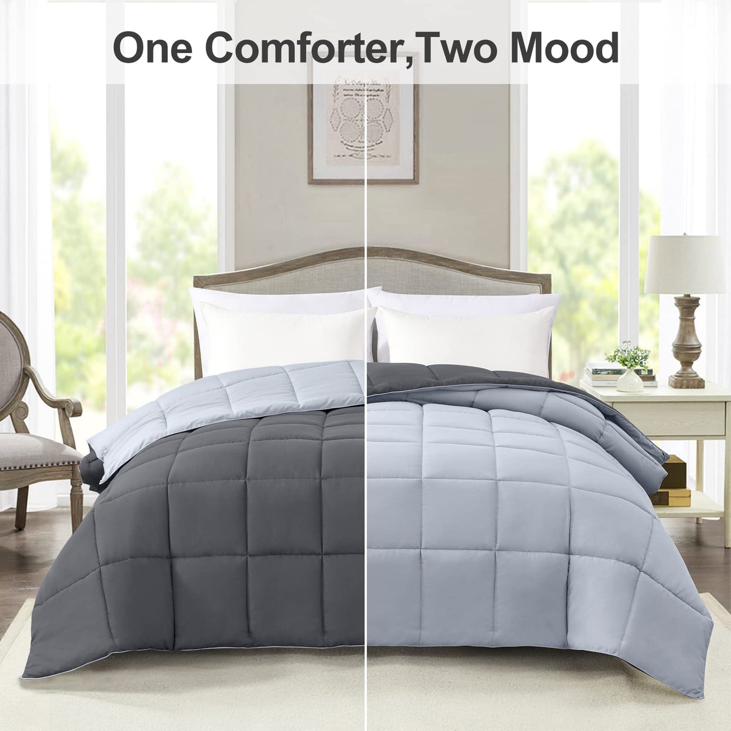 Homelike Moment Comforter King Size - Grey Duvet Insert Down Alternative Bed King Comforter, Lightweight Bedding Comforters Quilted Soft All Season Reversible Dark Gray/Light Grey