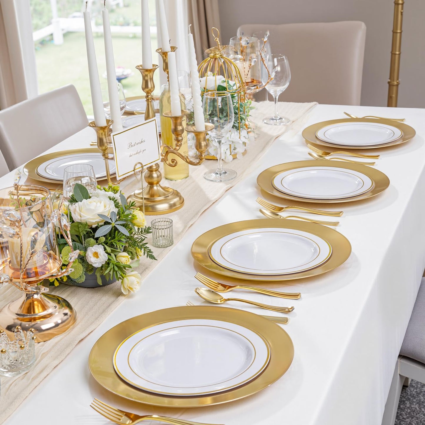 WDF 12Inch Plastic Charger Plates - 25Pack Gold Charge for Dinner - Disposable Gold Charge Plates - Perfect for Dinner/Wedding Party/Elegant Tabletop Decor