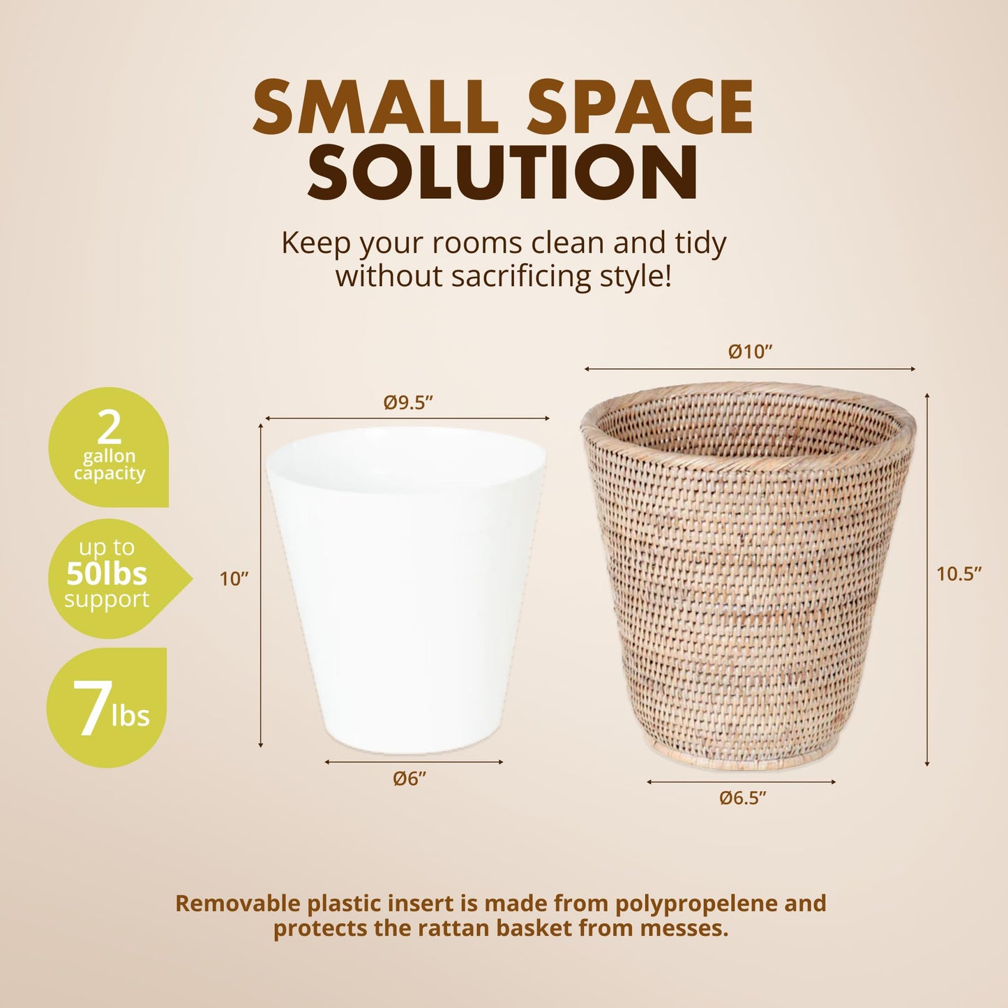 KOUBOO La Jolla Rattan Wastebasket with Plastic Insert, Handmade, Trash Can, Small Wastebasket, Bedroom, Bathroom, Vanity, RV, Dorm, White Wash