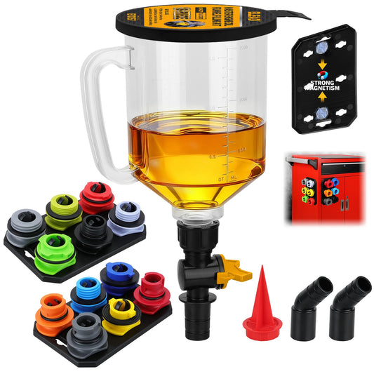 18-Piece No Spill Engine Oil Funnel Kit, 1.59QT/ 1.5L Automotive Coolant Funnel Set, 12 Adapters, Elbow Fitting, Arrow Screen & Magnetic Tray, Compatible with GM, Ford, BMW, Audi, Land Rover Etc