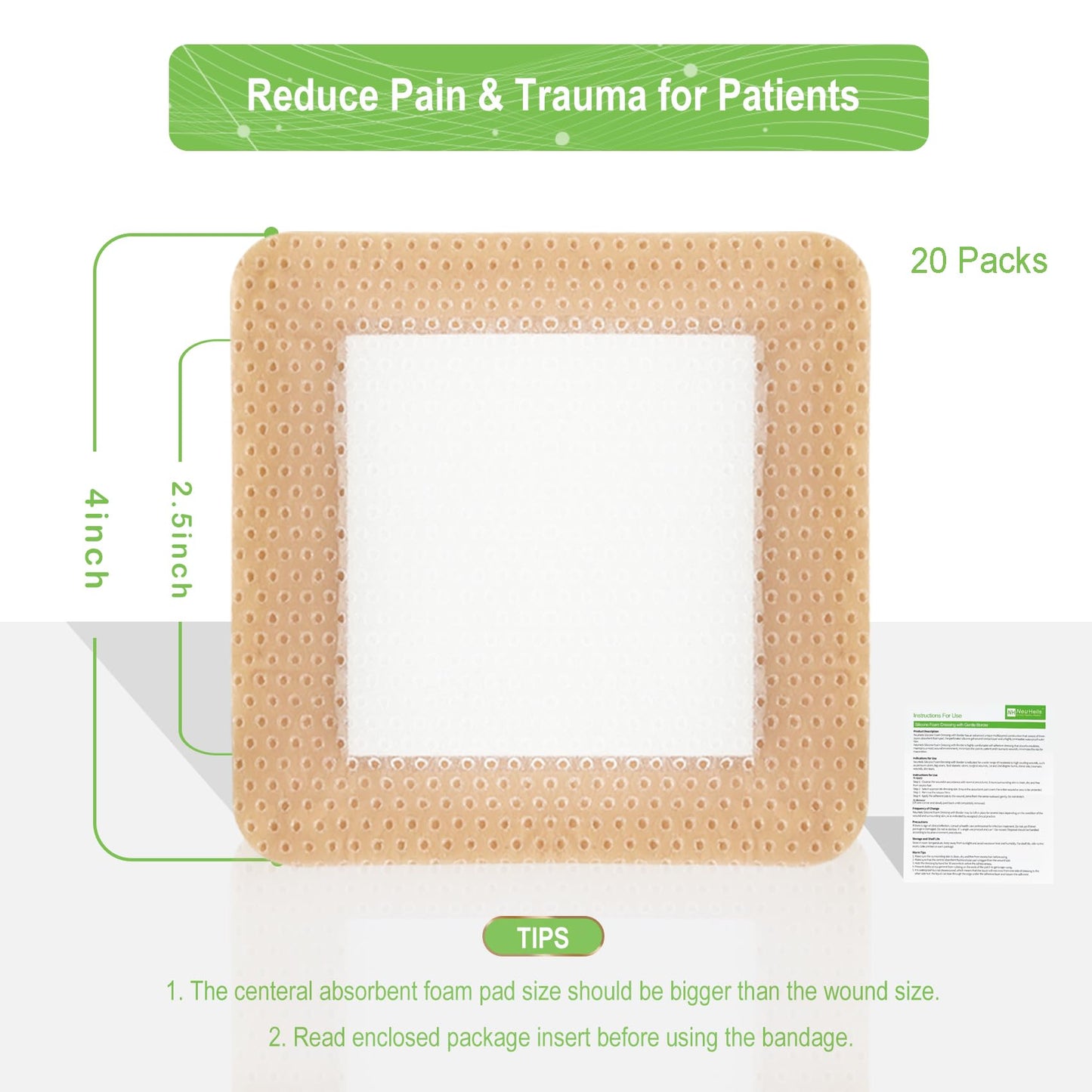 NeuHeils Silicone Foam Dressing with Gentle Border 4''x4'', 20 Pack for Bed Sore Leg Ulcer, High Absorbency Large Waterproof Silicone Wound Bandage
