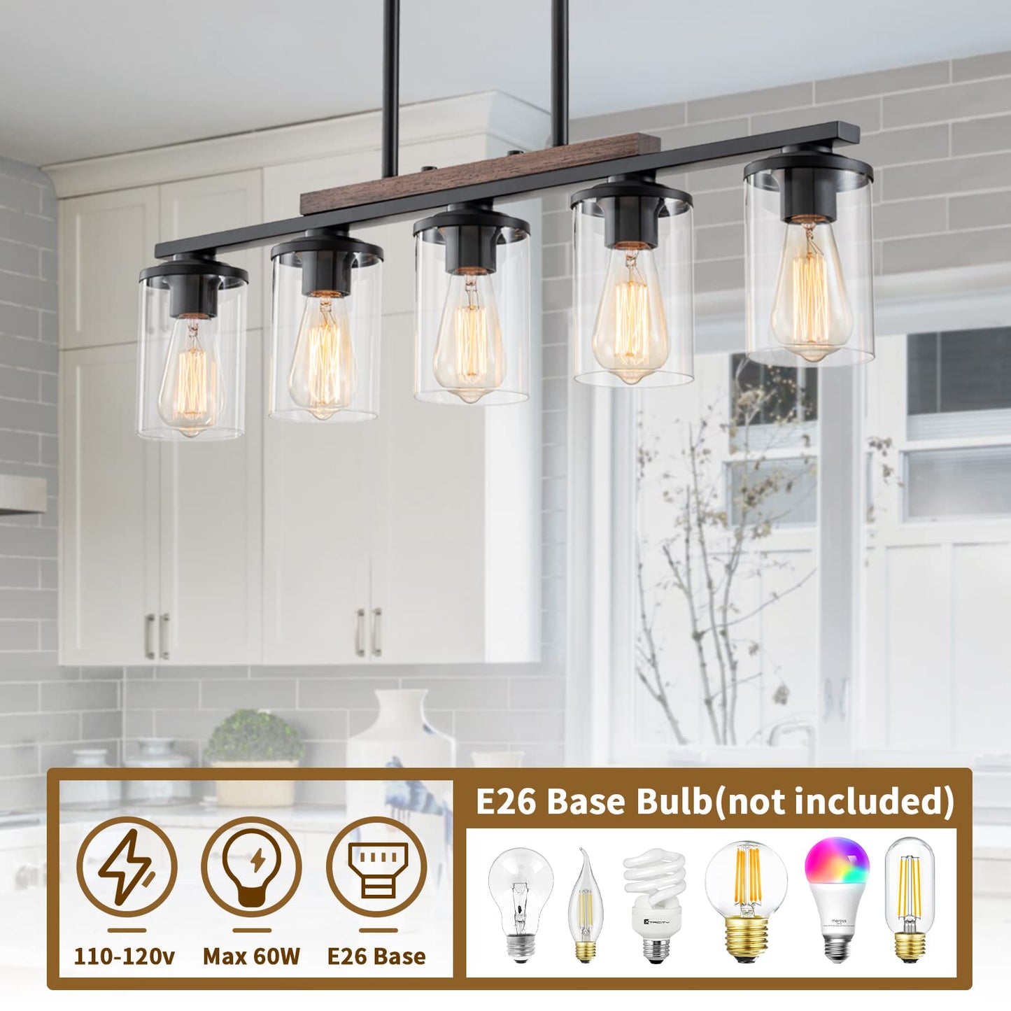 2025 Upgraded Kitchen Island Lighting, 5-Light Dining Room Light Fixtures Over Table Kitchen Island Lights with Rustic Wood Frame Farmhouse Chandelier for Dining Room, 32.4" Black Clear Glass Shades