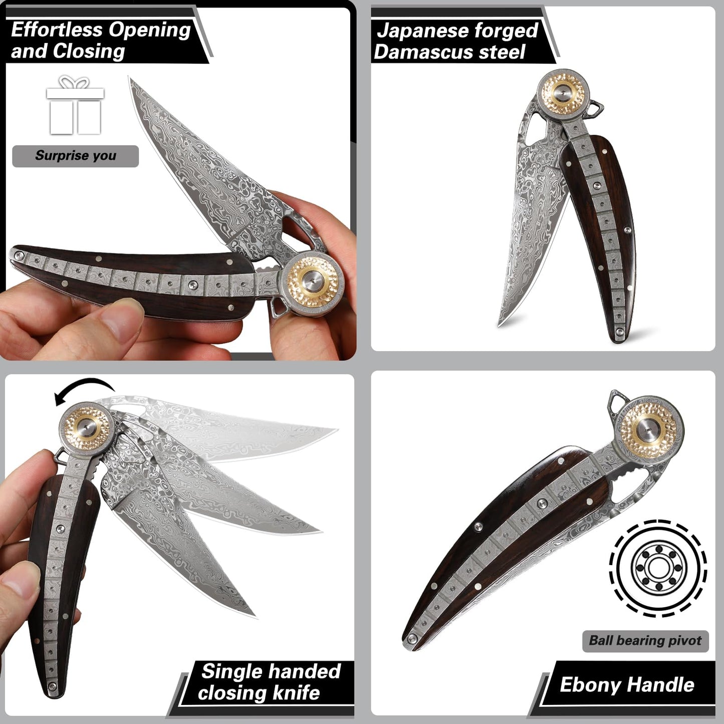 ALVELY Handmade Damascus Steel Folding Pocket Knife，Feather shape 3.4in Blade Men's Pocket Knife，With knife sheath，Ebony Handle，Home & Outdoor EDC knife