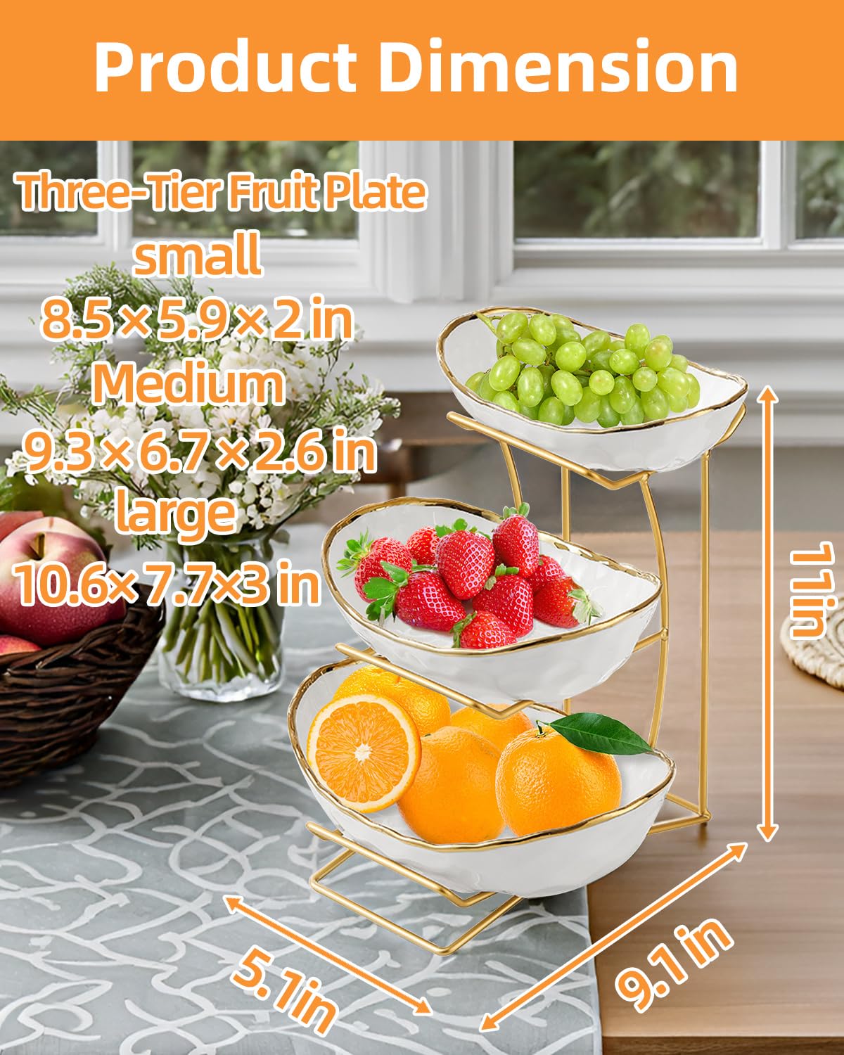 Niuirt Fruit Bowl for Kitchen Counter, 3-Tier Fruit Basket, Ceramic Fruit Bowl with Metal Stand for Fruit, Vegetable Storage, Snack, Nuts, Dessert, Cake, Stylish & Cute