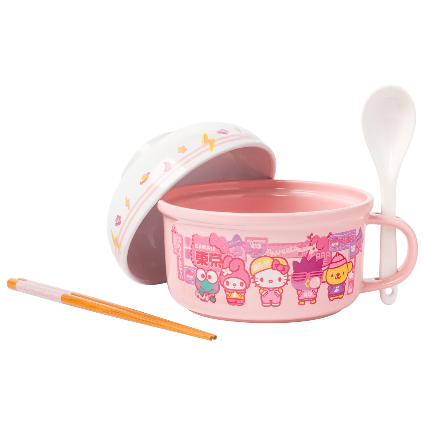 Silver Buffalo Sanrio Hello Kitty and Friends Featuring Keroppi, My Melody, Badtz-Maru, and Pompompurin Soup Mug and Bowl Lid with Spoon and Chopsticks, 13 Ounce Bowl Lid, 22 Ounce Soup Mug