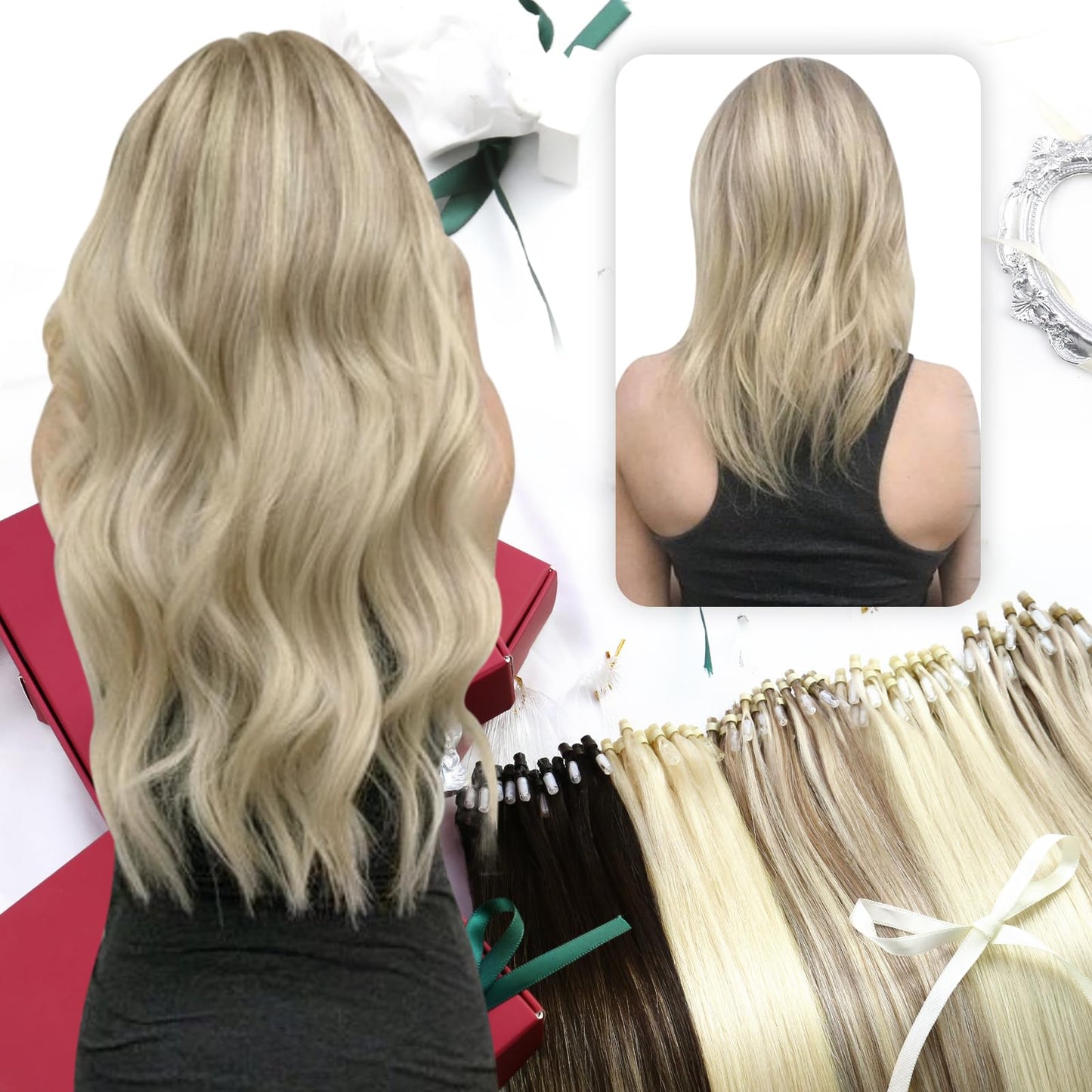 Moresoo Micro Loop Hair Extensions Real Human Hair Blonde Microbead Hair Extensions Ash Blonde with Bleach Blonde Hair Extensions Micro Loop Human Hair Extensions Highlighted 50G/50S 20 Inch #P18/613