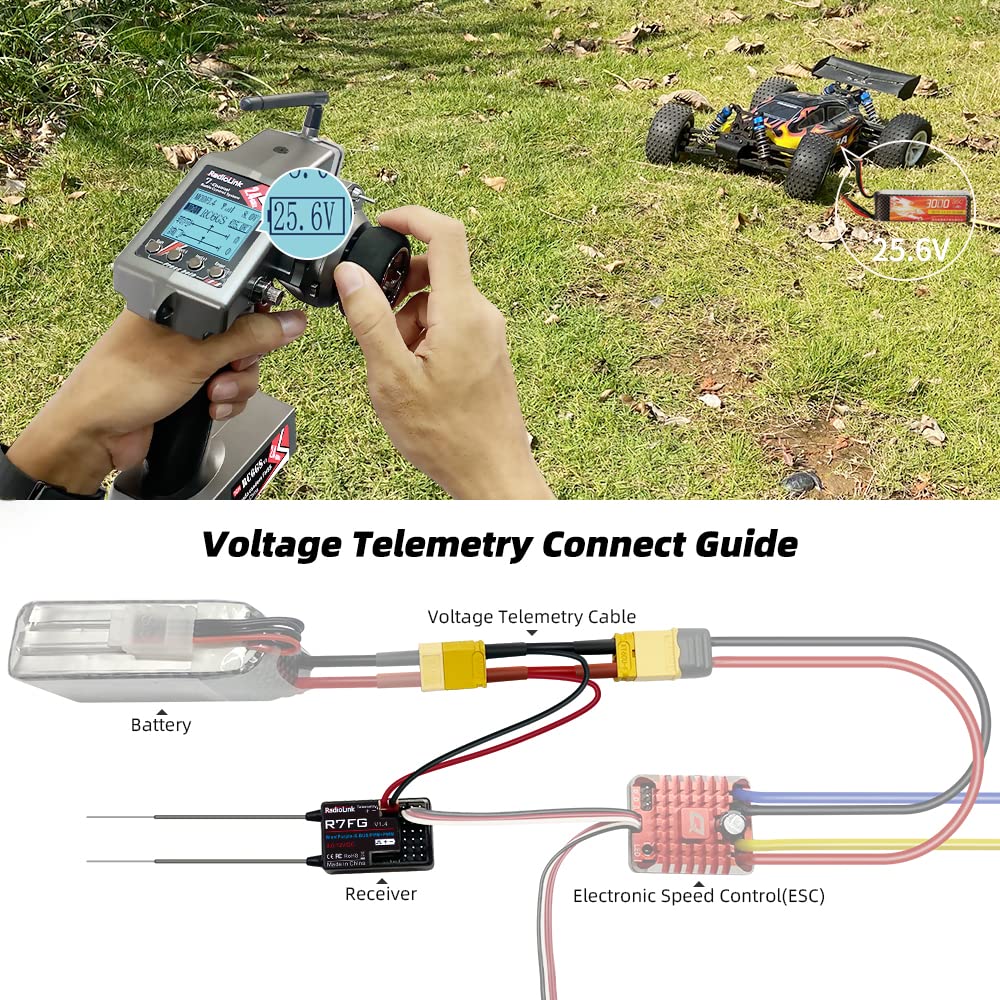 Radiolink RC6GS V3 7 Channels RC Transmitter and Waterproof Gyro Receiver R7FG, 30 Models Storage 2.4Ghz Voltage Telemetry Surface Remote Radio Controller for RC Crawler, Drifting, Car and Boat