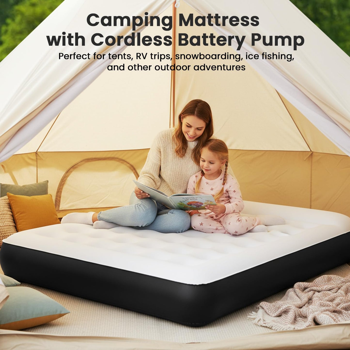 COMMOUDS Queen Air Mattress with Built-in USB Rechargeable Air Pump, Camping Blow up Mattress, Portable Inflatable Mattress, Air Bed for Outdoor, Travel, Home and Guest, 8" Raised