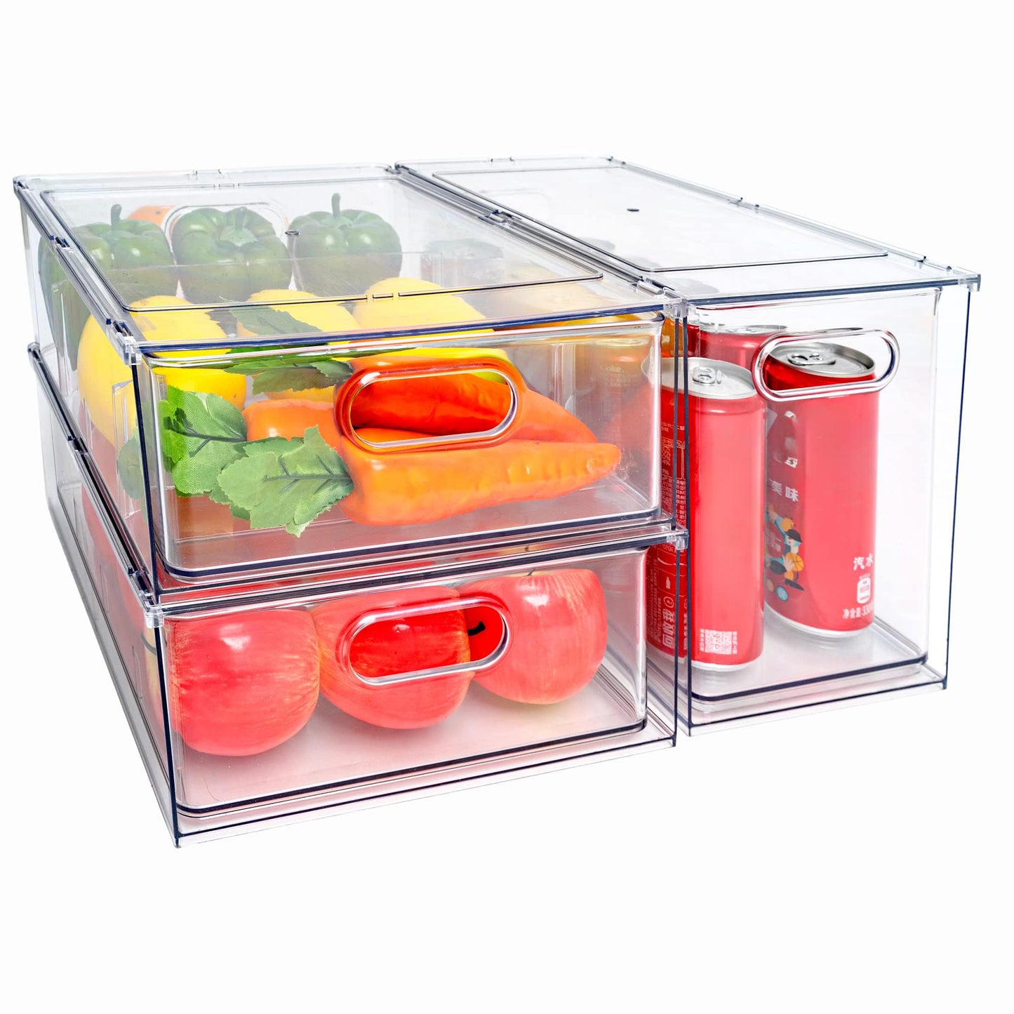 MineSign Stackable Fridge Drawer Pull-Out Bins with Handles 3 Pack Large Clear Food Container with Removable Dividers Refrigerator Storage box Divided Produce Saver for Pantry Kitchen