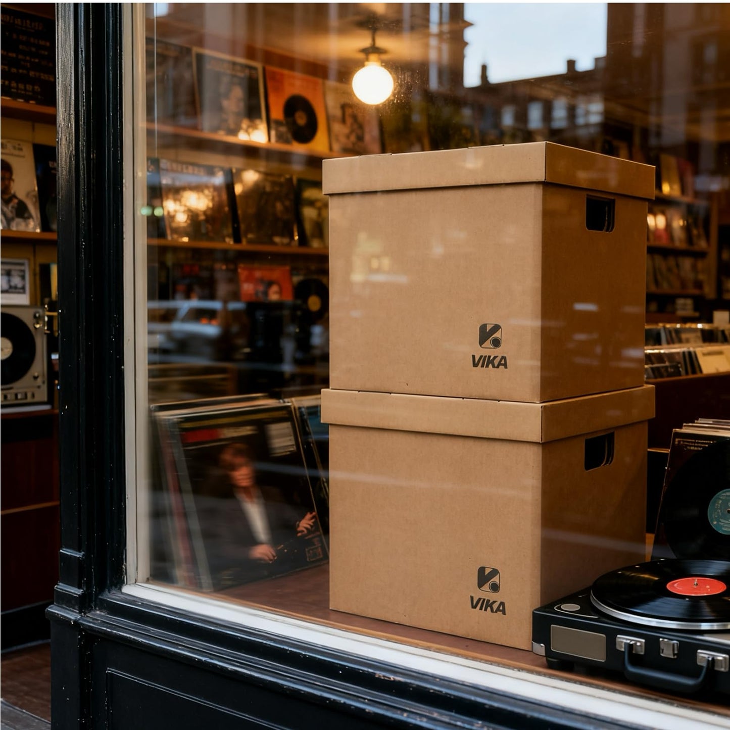 VIKA Vinyl Record Storage Box & Moving Box – Sturdy Cardboard with Removable Lids and Handles, Holds 60 Records/Laser Discs Each - Set of 4 Boxes (Kraft)