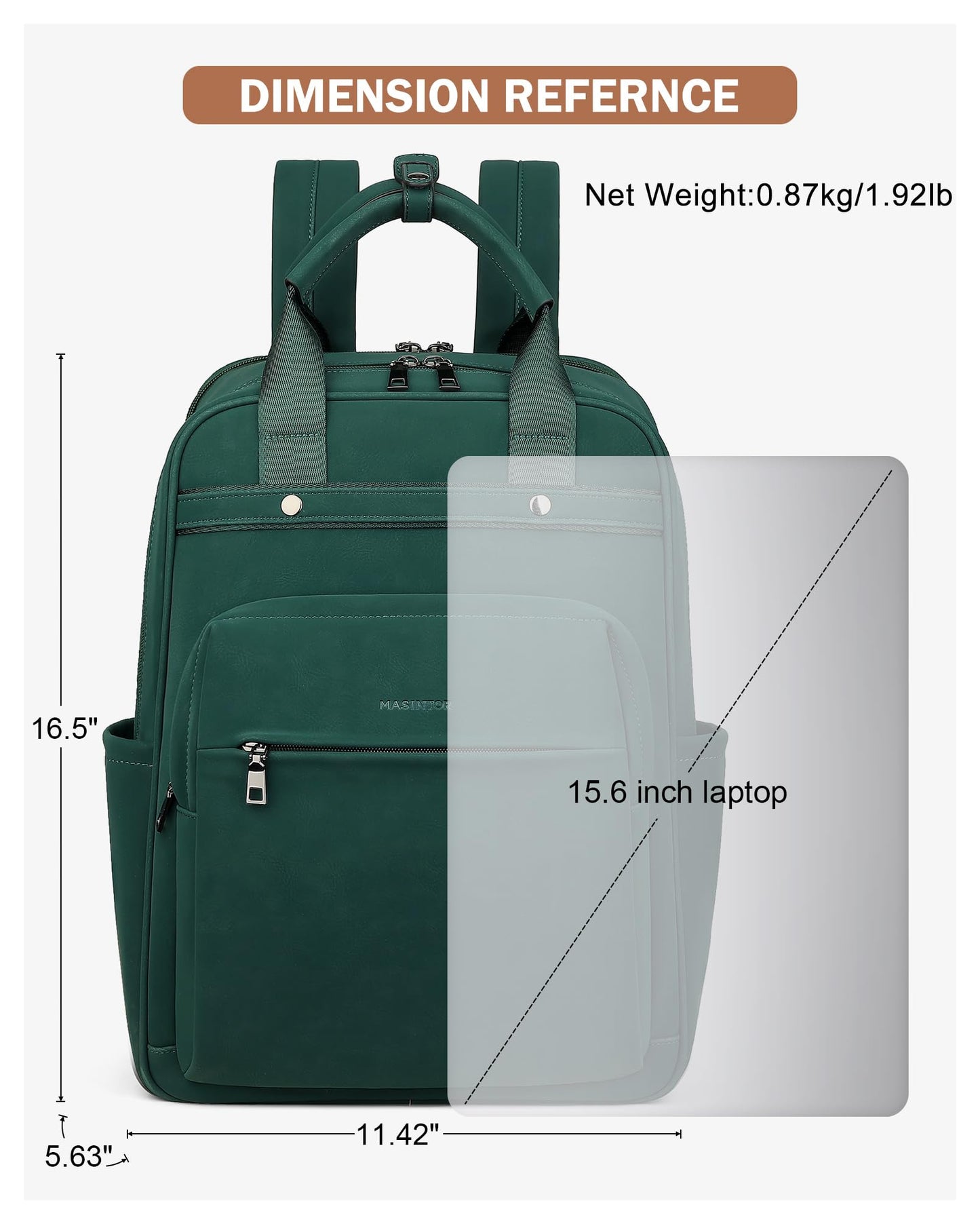 MASINTOR Leather Laptop Backpack for Women, Stylish Computer Backpack College Business Work Shoulder Bags Work and Travel Retro Green