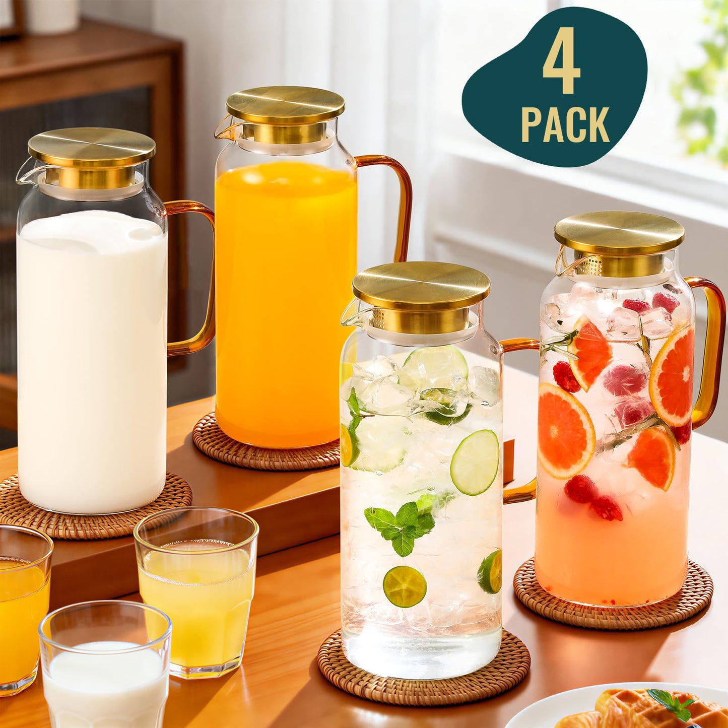 4 Pack 2 Liter/68 oz Glass Pitcher with Lid, Water Pitchers with Handle for Fridge, Large Jug for Iced Tea, Coffee, Borosilicate Glass Carafe for Hot/Cold Brew Drink and Homemade Beverage, Gold