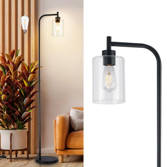 DLLT Floor Lamp Tall for Room: Black Standing Lamp with Clear Glass Lampshade for Living Room - Modern Bright Lamp for Bedroom - Industrial Corner Floor Lamps for Office 8W Led Bulb Included