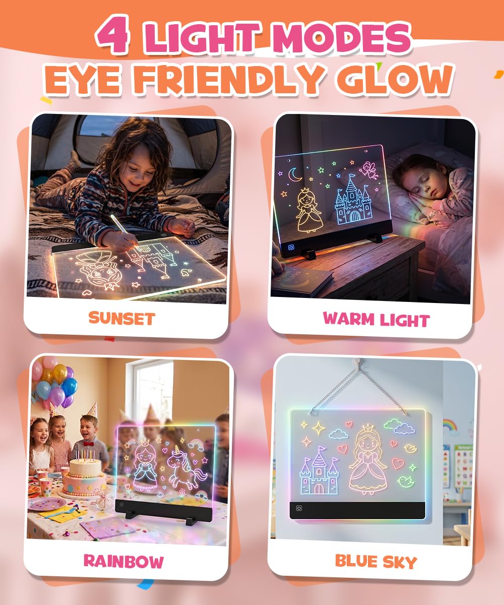 Rechargeable LED Drawing Board for Girls, 10" Glow Doodle Pad, 45H Long Last, 4 Modes Neon Light Up Coloring Tablet with 7 Pens, Princess Art Craft Set, Birthday Gift, Toys for Girl 4 5 6 7 8 Year Old