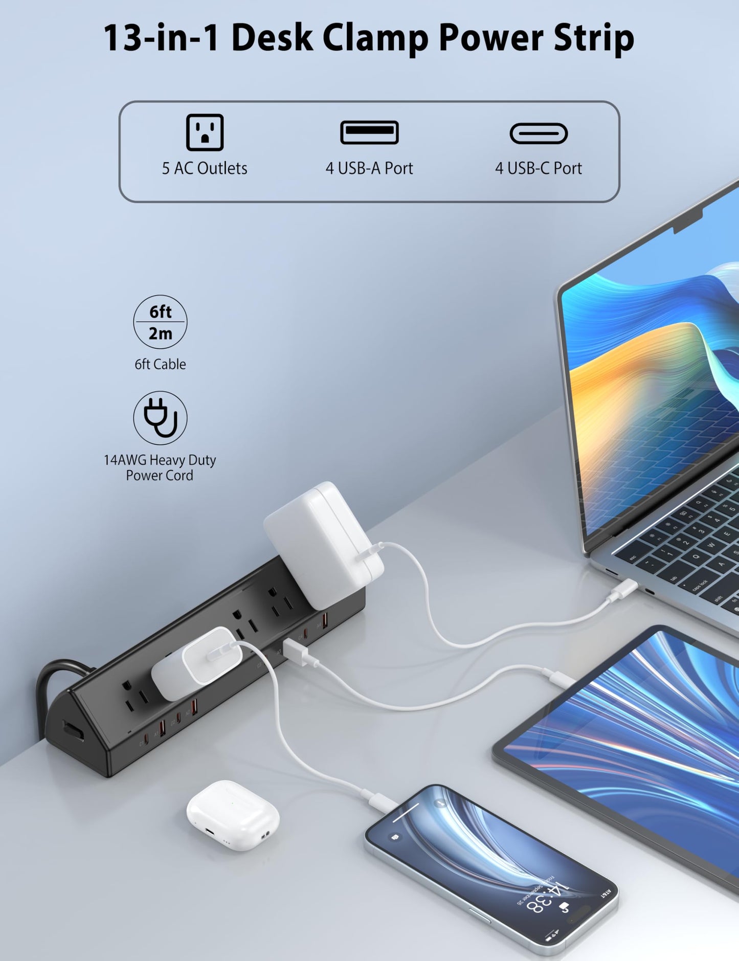 Desk Clamp Power Strip 65W Fast Charging Station,4 PD USB-C,5 Outlets,Nightstand Desk Edge Mount Tower Surge Protector,15 Amp Heavy Duty Power Strip,Fits 1.96" Tabletop Edge (Black, 6 FT Cable)