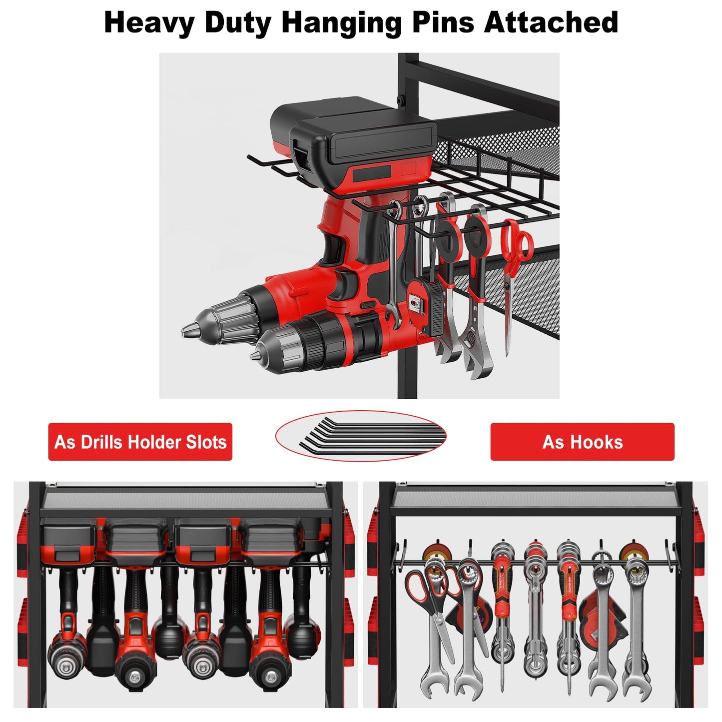 JUNNUJ Garage Large Power Tool Organizer Cart with 20A Charing Station, Heavy Duty Drill and Tools Battery Holder Storage Rack, Floor Standing Rolling Tool Cart on Wheels, Red