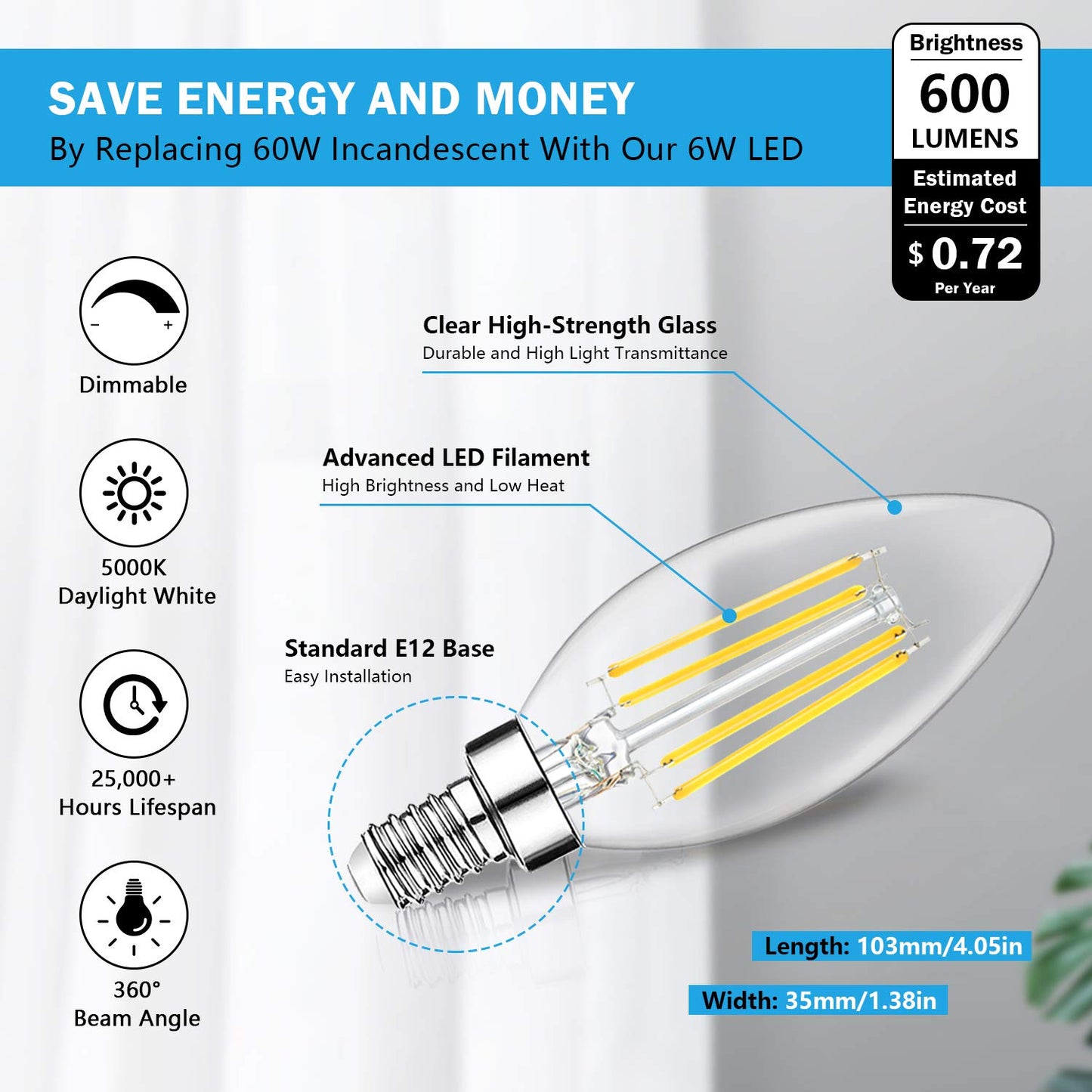 24-Pack Dimmable E12 LED Candelabra Bulbs 60W Equivalent, 5000K Daylight White, 600 Lumens B11 Candle Base 6W C35 LED Filament Vintage Light Bulbs, Clear Glass for Chandelier Ceiling Fan High CRI 90+