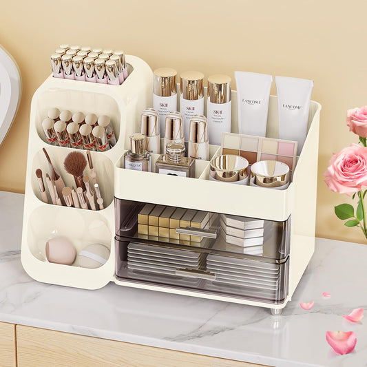 Anylady Makeup Organizer with Drawers, Skincare Organizer (Large Size Thick), Storage Box Cosmetic Display Cases, Make up Organizers for Vanity, Dresser, Desk, Kitchen, Countertop (cream)