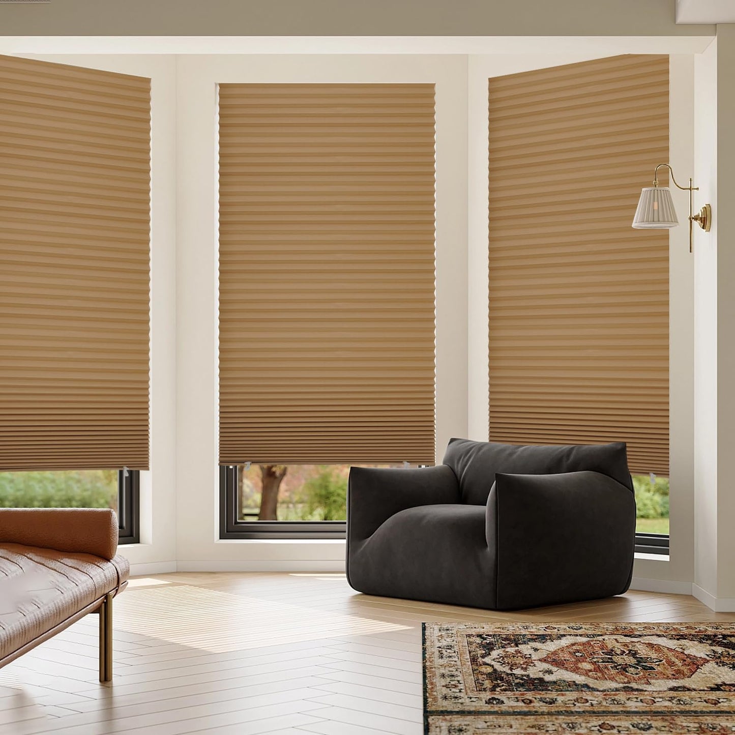 MYshade 6 Pack Temporary Blackout Paper Shades for Windows,Paper Pleated Blinds with Adhesive,No Tools No Drilling Free Cut Size Temporary Room Darkening Shades(Brown, 36" W x 72" H)