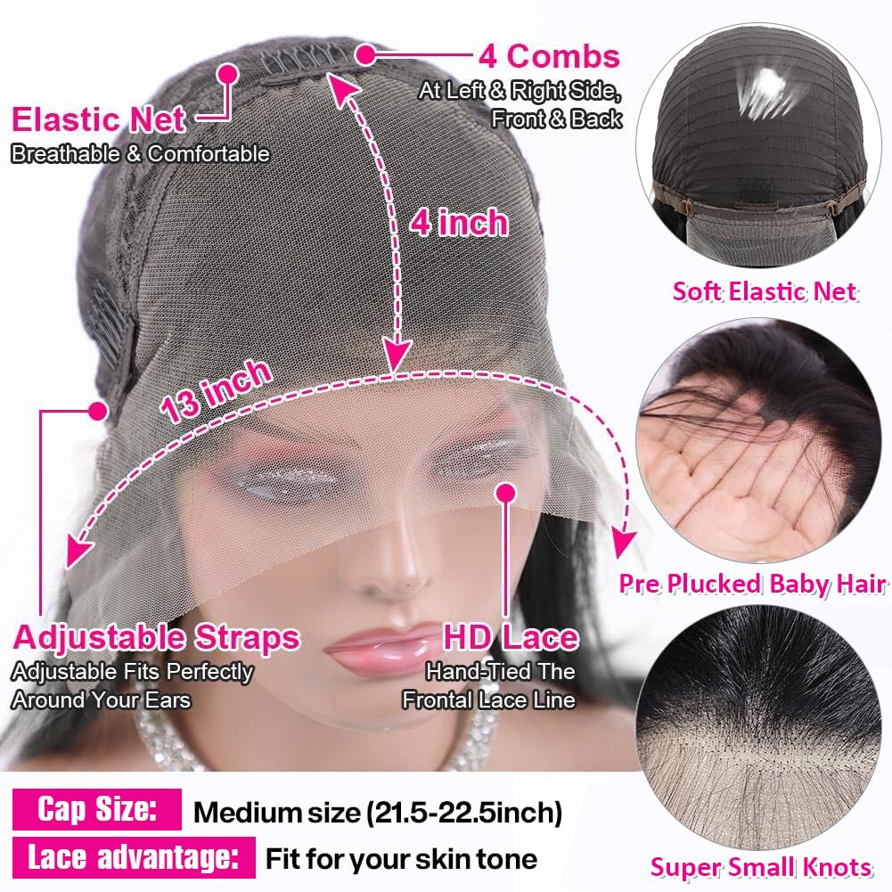180 Density 13x4 HD Lace Front Wigs Human Hair Pre Plucked with Baby Hair Transparent Glueless Brazilian Deep Wave Frontal Wigs for Women Natural Black Color