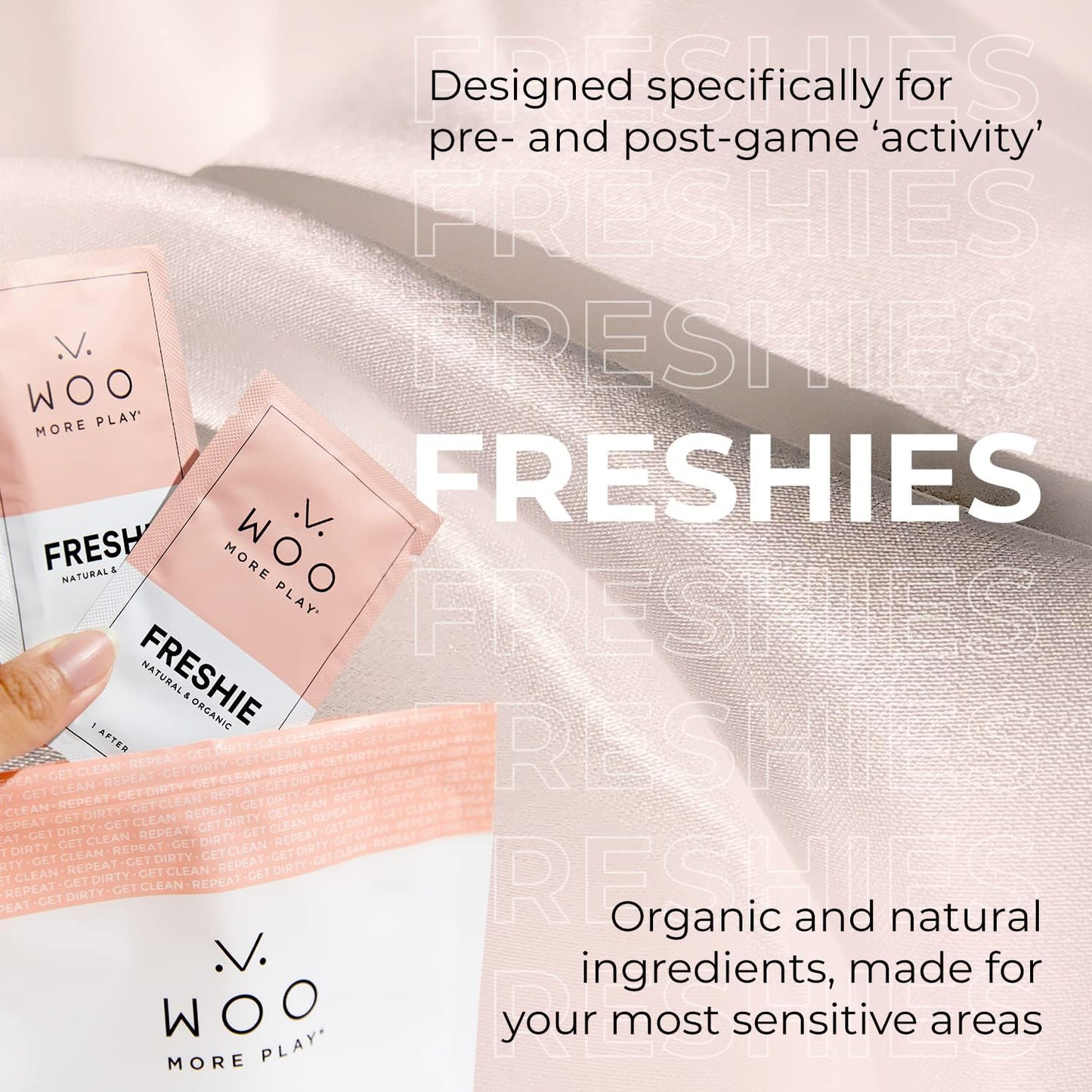 Woo More Play Freshies: All-Natural Feminine Intimacy Towelette Wipes with Coconut Water and Aloe Vera, Promotes Feminine Health & Helps Alleviate Irritation - Vegan and Cruelty Free (30 Count)