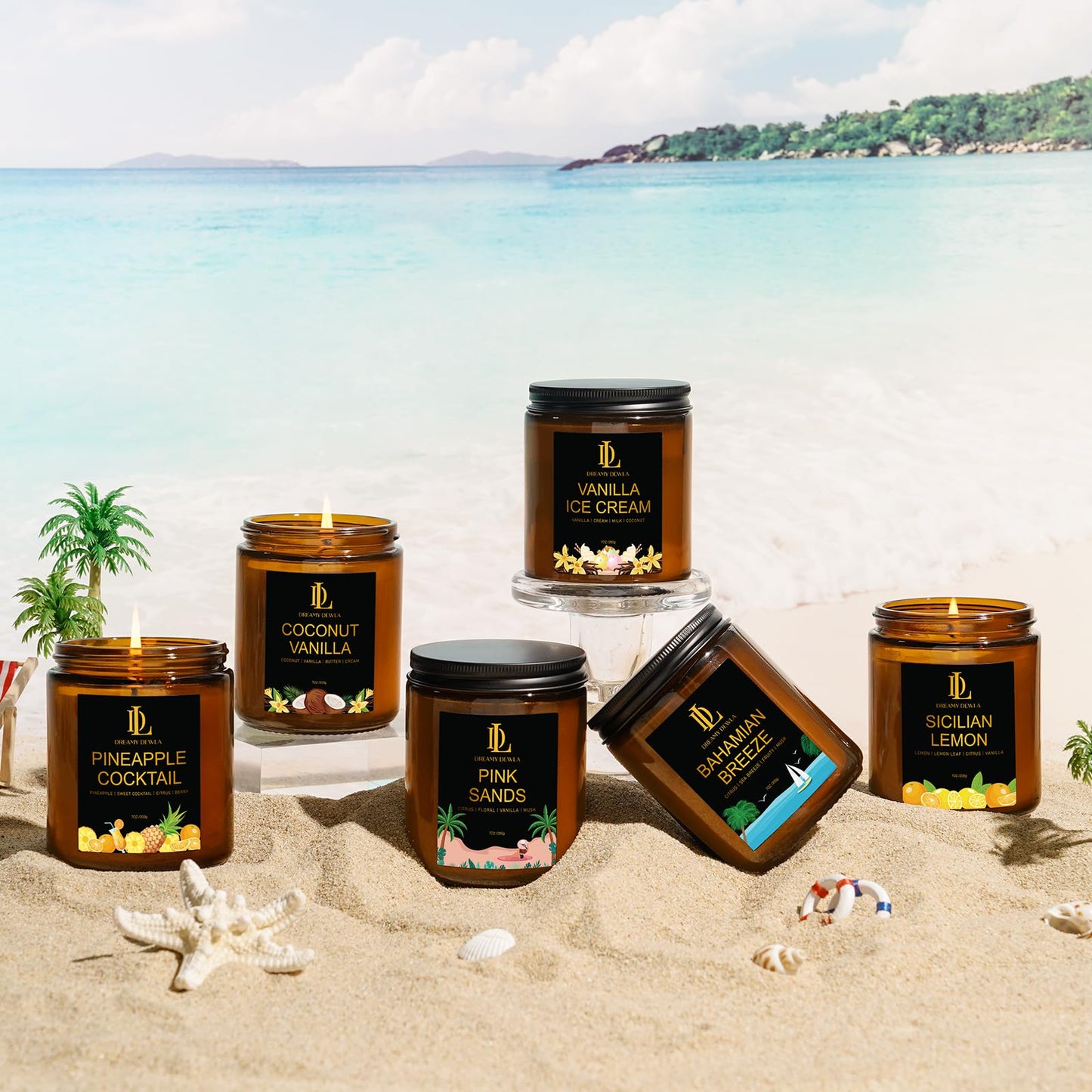 6 Pack Scented Candles Set, 42oz 300 Hour Long Lasting Candle, Soy Candles for Home Scented, Scents of Coconut Vanilla/Pineapple Cocktail/Sicilian Lemon/Pink Sands/Bahama Breeze/Vanilla Ice Cream