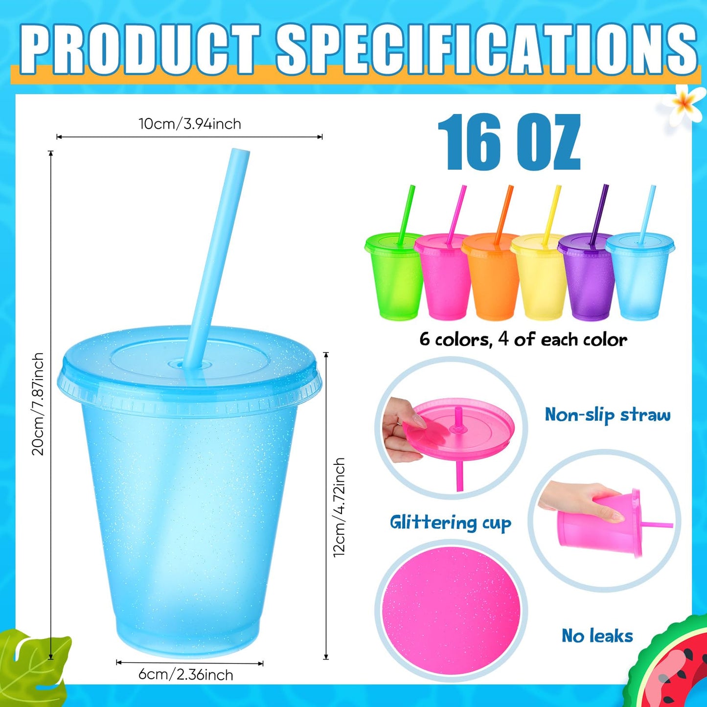 Reallnaive 24 Sets End of The Year Student Gifts Bulk Pool Party Favors 16 oz Colorful Plastic Cups Tumblers with Lids Straws Gift Bags with Handles Summer Cards for Beach Party 6 Colors