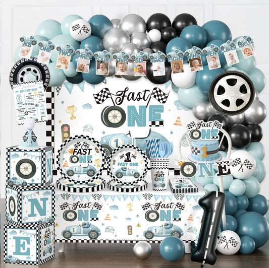 Fexivo 256pcs Fast One Birthday Decorations for Boys, All-in-1 Supplies Pack with 20pcs Vintage Race Car and Car Themed Plates, Napkins, 2pcs Tablecloth for Fast One Birthday Decorations