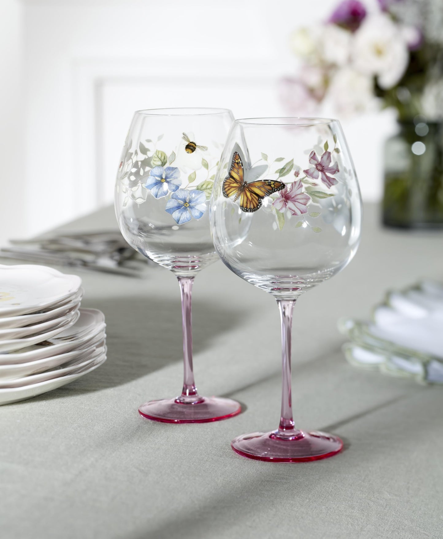 Lenox Glassware, Butterfly Meadow Pink Balloon Wine Glasses, Set of 4, Made From Glass, Dishwasher Safe, Drinking Glasses Set, Home, Kitchen And Dining, Glass Cups (Pink, 4 Pieces, 26 oz Capacity)
