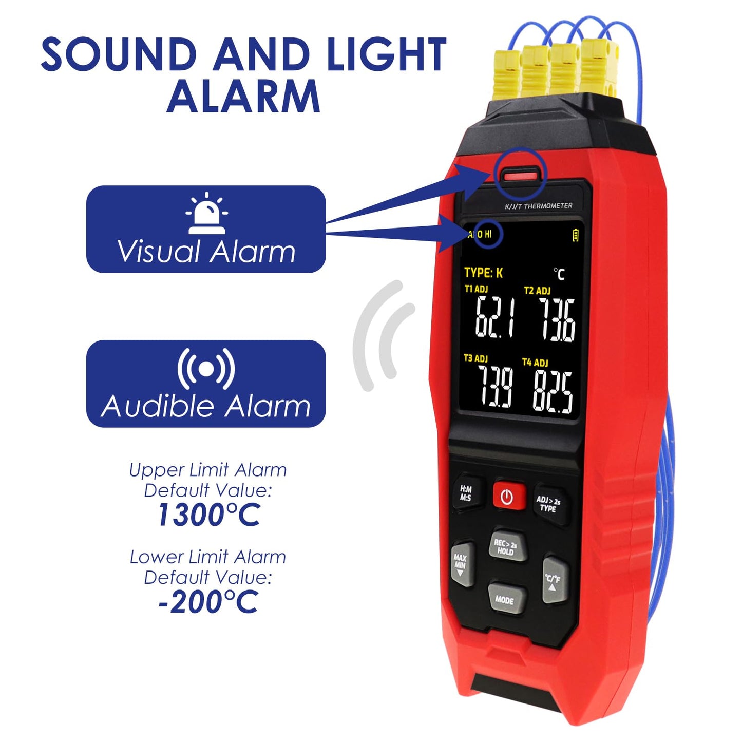 4-Channel Thermocouple Thermometer DataLogger, Digital K/J/T Type Thermometer with 5000 Groups Programmable Temperature Data Logging in Range of -328~2501℉, 4 K-Type thermocouples, ADJ Compensation