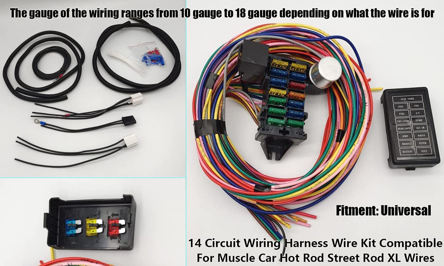 WZruibo Wiring Harness 14 Circuit Universal,Circuit Wiring Harness Kit 14 Fuse for Street Muscle Car, Hot Rod Wire Harness 12-14 Circuit Street Rod