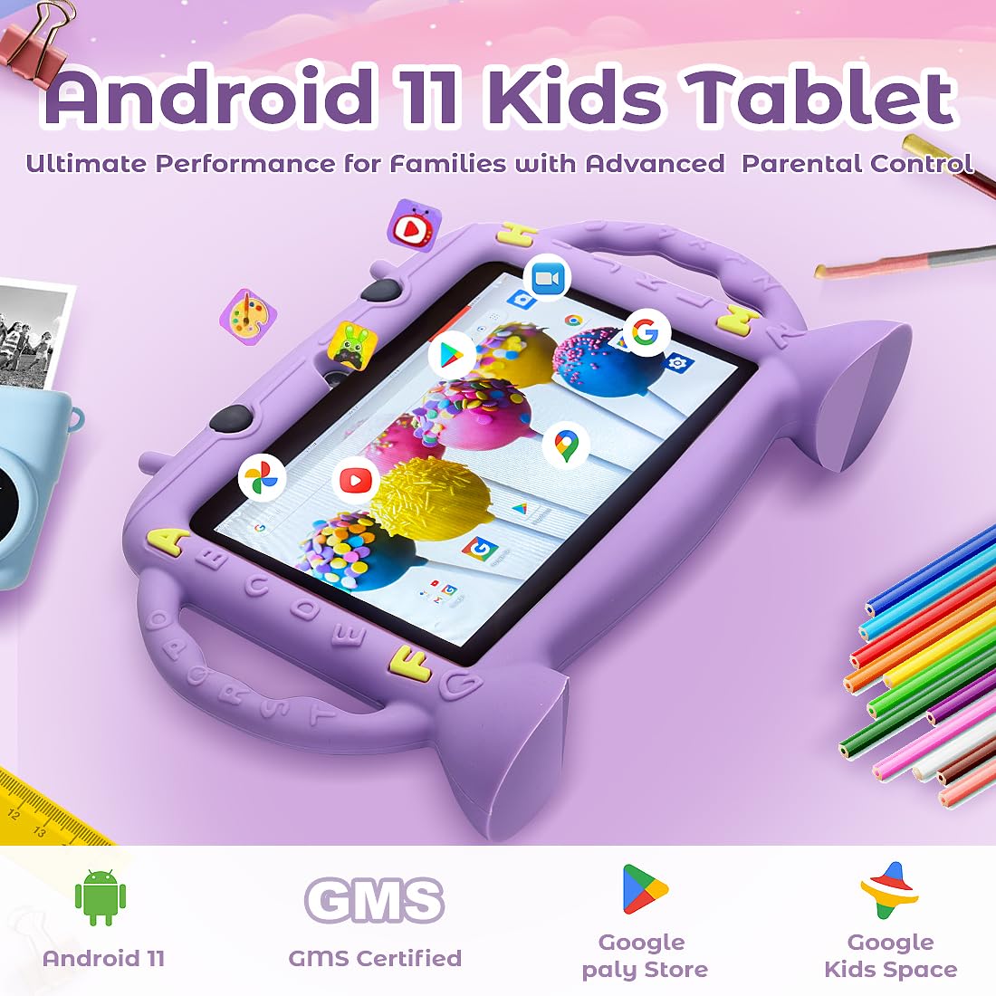 Kids Tablet, 7 inch Tablet for Kids 2-10, Educational Learning Toddler Tablet Android 11, 3GB RAM+32GB ROM Storage, Google Play YouTube, Baby Girl boy Present（Purple）