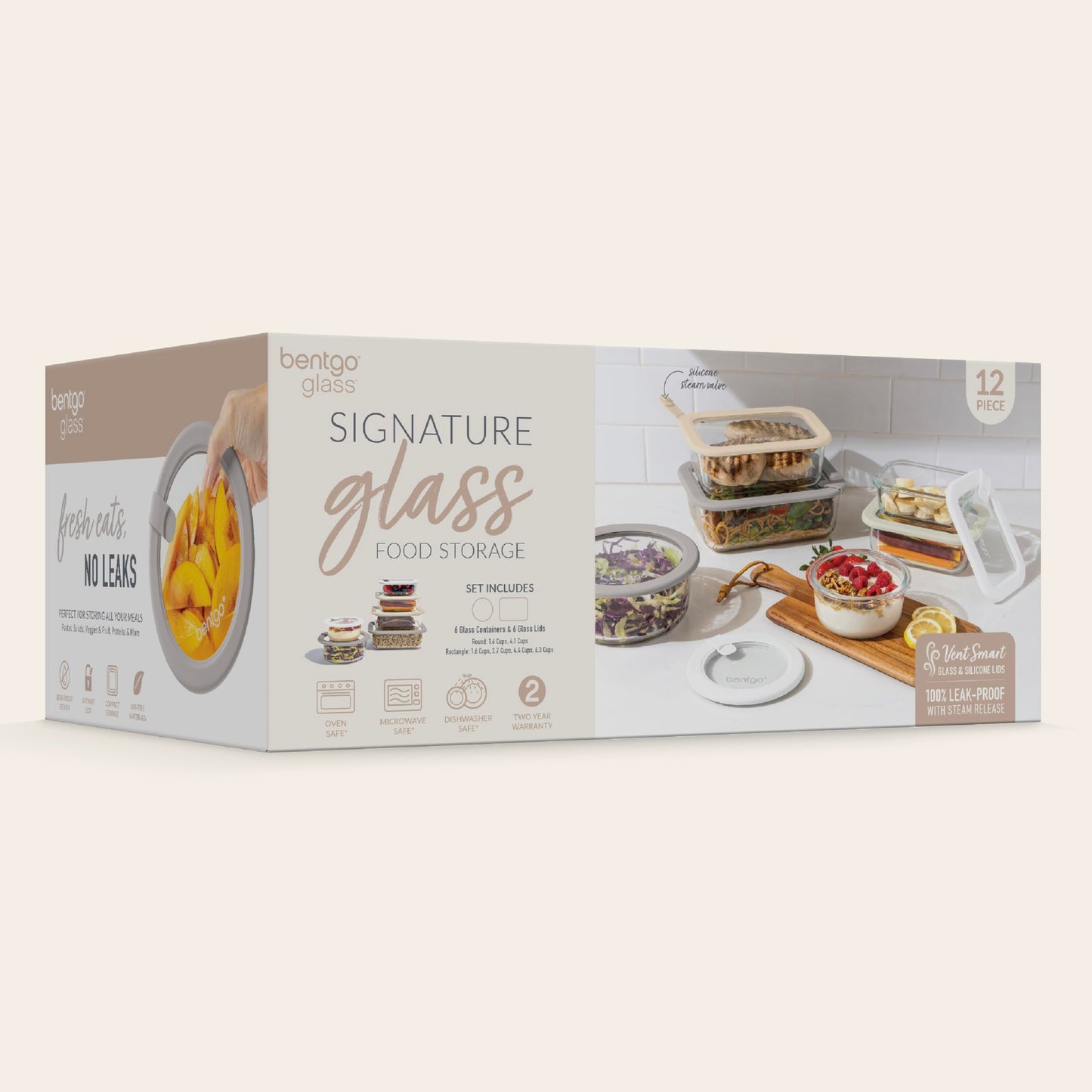 Bentgo Signature Leak-Proof Glass Food Storage - 12-Piece Set, 1-Compartment Plastic-Free Containers with Airtight Glass Lids, BPA-Free, Microwave, Freezer, Oven & Dishwasher Safe (White Stone)