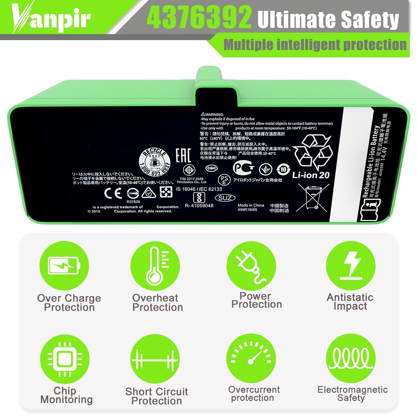 Replacement Battery for iRobot Roomba 500 600 700 800 900 Series 4376392 5200mAh 74.88Wh Upgrade battery Compatible with Roomba 960 981 970 965 801 805 850 860 890 891 895 695 690 685 680 670 1800LI