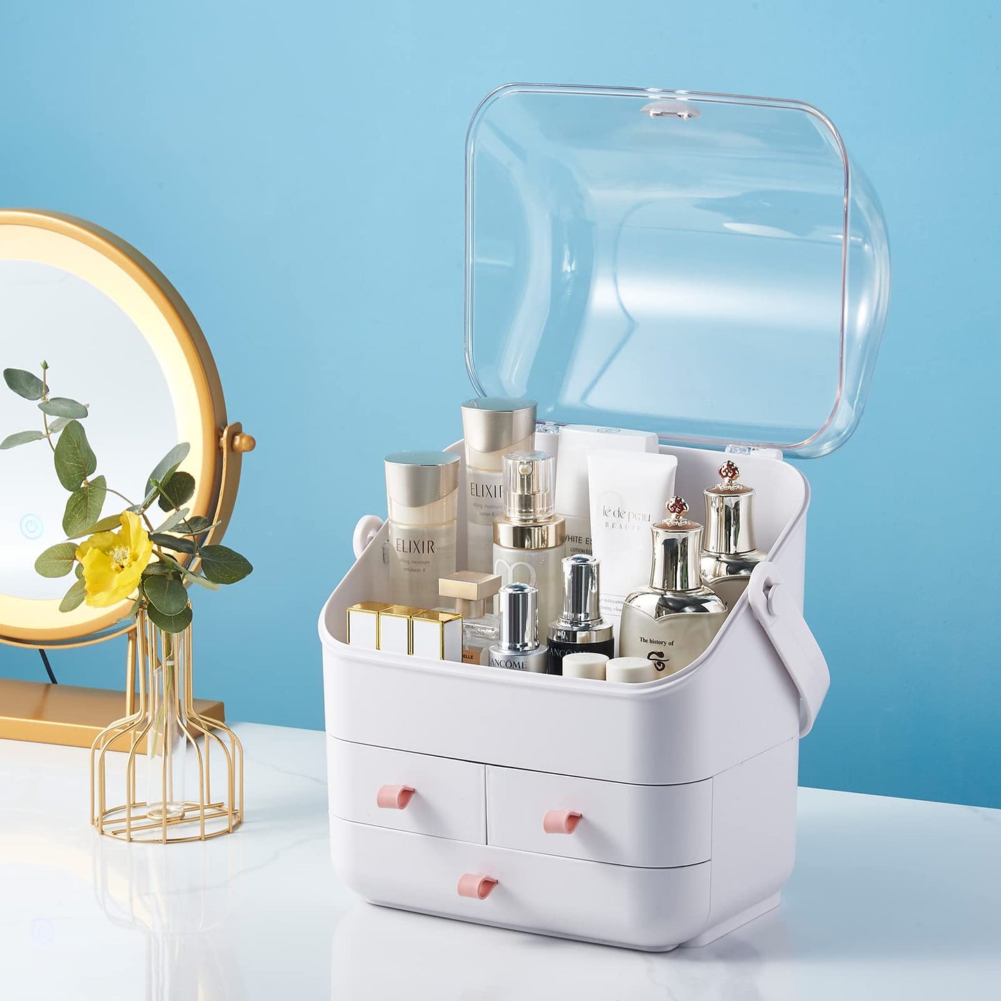 SUNFICON Preppy Skincare Organizers Makeup Organizer Holder Beauty Cosmetic Storage Box Large Display Case Dust Free Cover Portable Handle 2 Rroomy Drawers Gift Great For Bathroom Countertop White