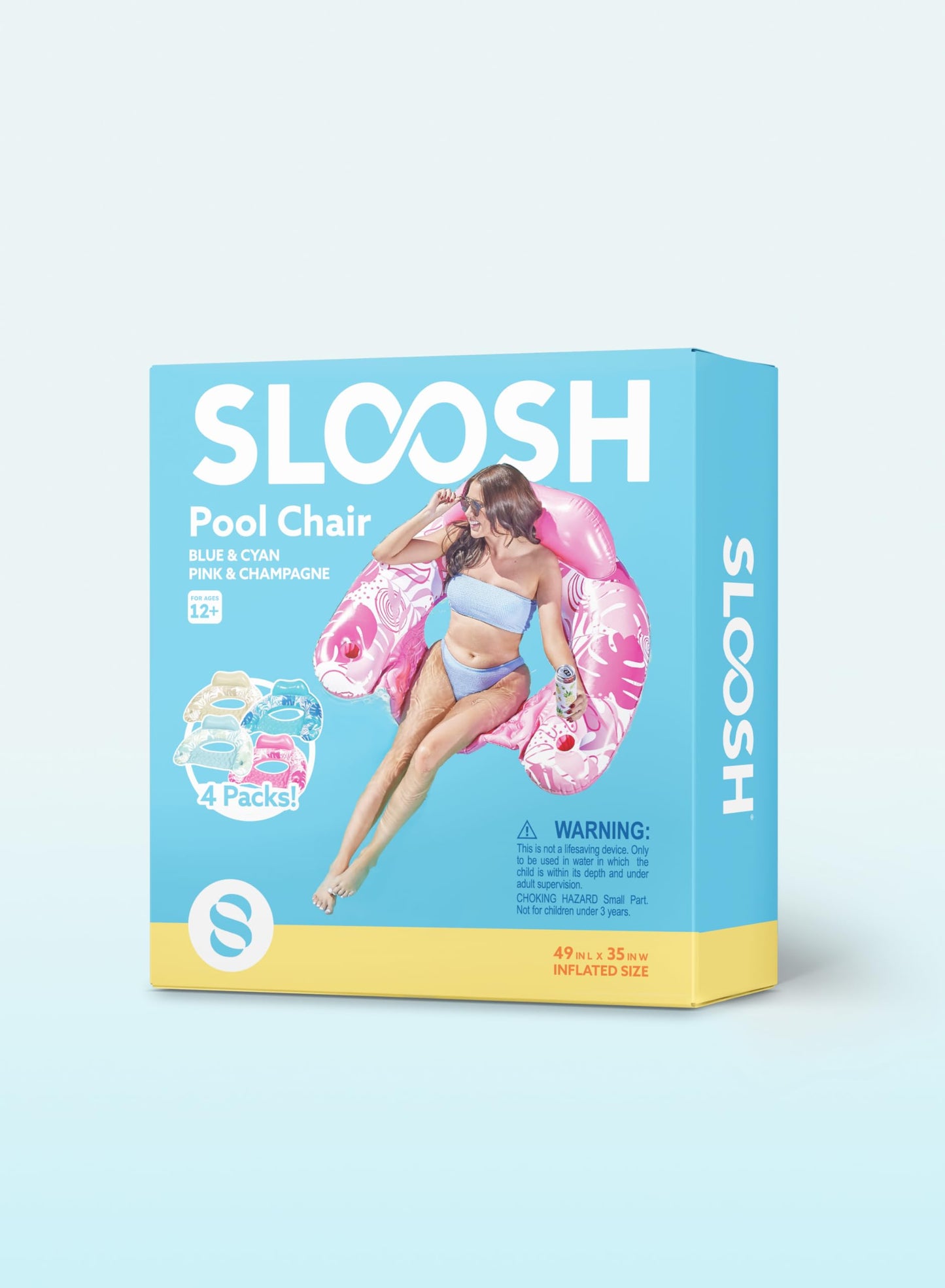 SLOOSH Inflatable Pool Floats Adult, 4 Pack Pool Chairs with Cup Holders,Blow up Floats Chair,Hammock Noodle Mat Leaves Design for Summer Water Fun Swimming Party Beach,Blue, Cyan, Pink, Champagne