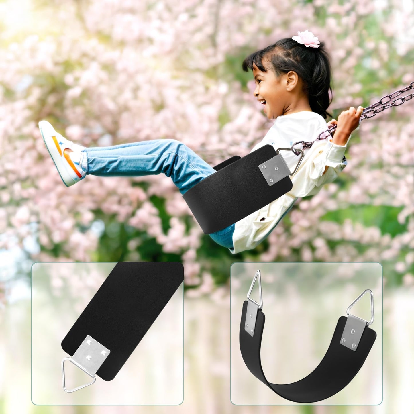 2 Pcs Swing Seat with Metal Triangle Ring 30.4 x 5.9 Inch, Support 300lb, Heavy Duty Swing Set Replacement Accessories for Kids & Adults Outdoor, Playground,Trees, Backyard (Black)