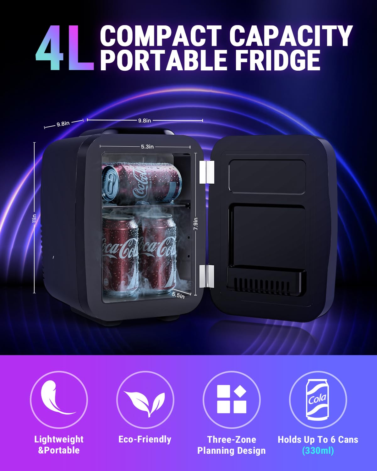 FANSEXPERT Mini Fridge, 4 Liter/6 Cans Small Refrigerator With Dimmable LED Light,AC/DC Portable Mini Cooler and Warmer, Gaming Small Fridge for Bedroom,Office,Gaming Room and Car (Black)