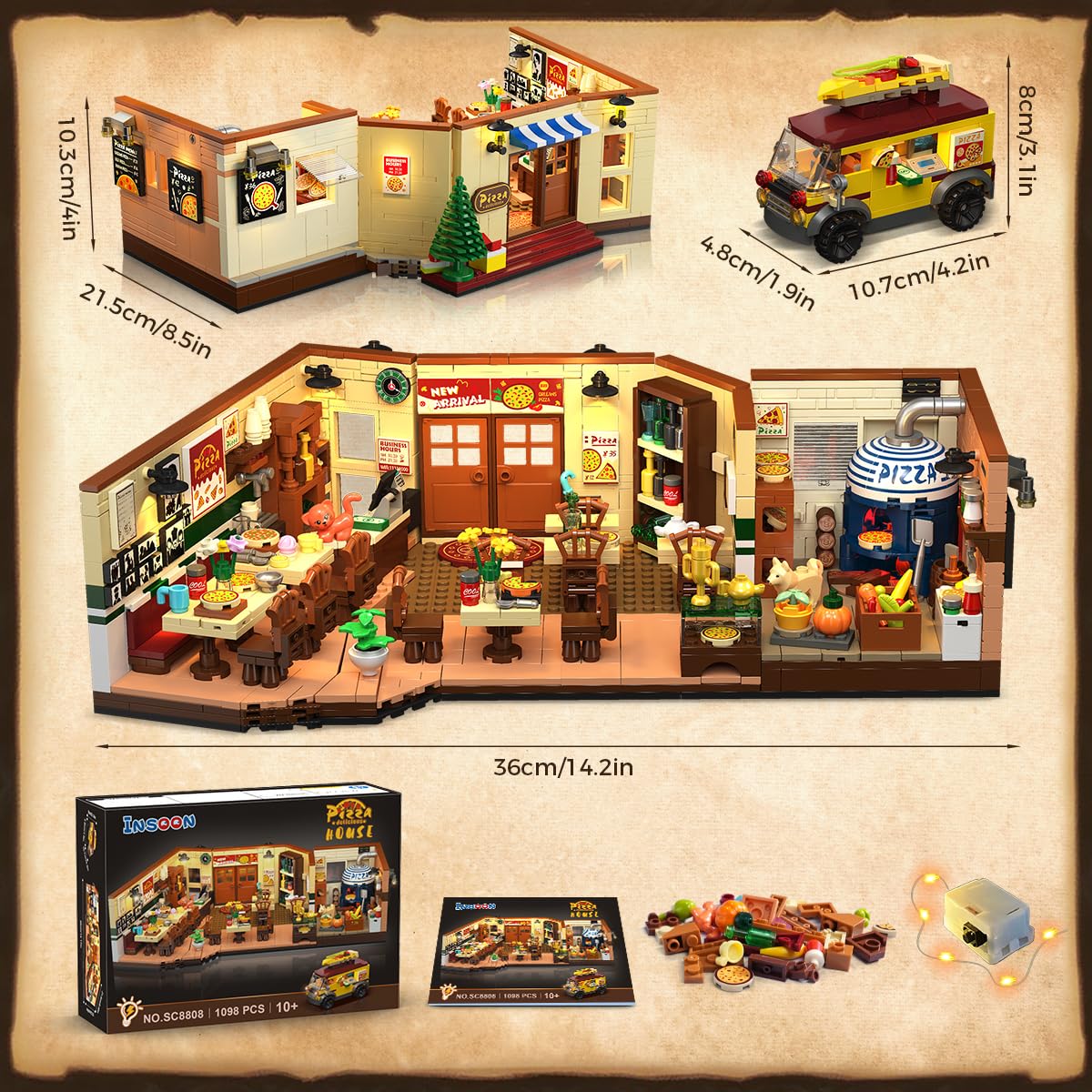 INSOON City Street Pizza Restaurant Building Set with Light, 1098PCS Pizzeria House Architecture Model with Retro Pizza Van, Home Decor Construction Building Block Gift for Adults Teens Boys Girls 12+