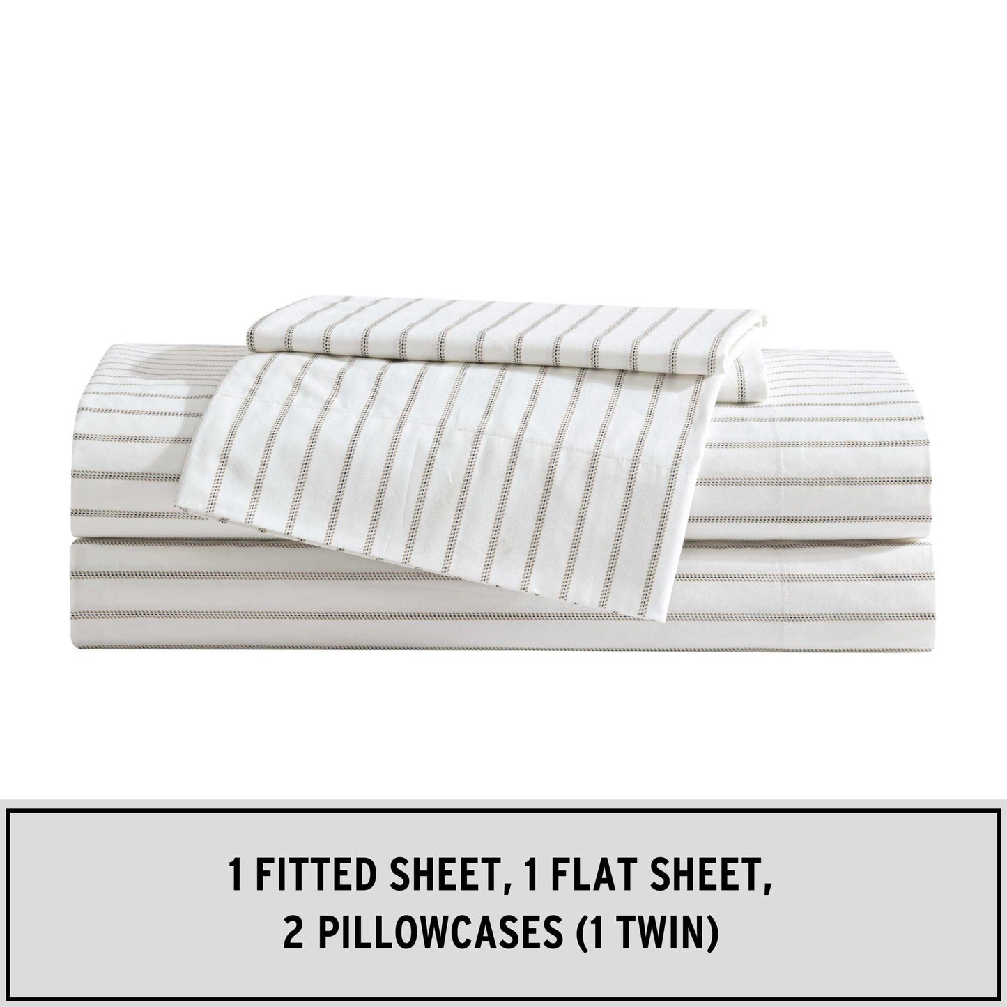 Eddie Bauer - Queen Sheet Set with Fitted Sheet & Pillowcases, 100% Cotton Percale Bedding, Crisp & Cool, Deep Pocket, Essential Stripe Beige