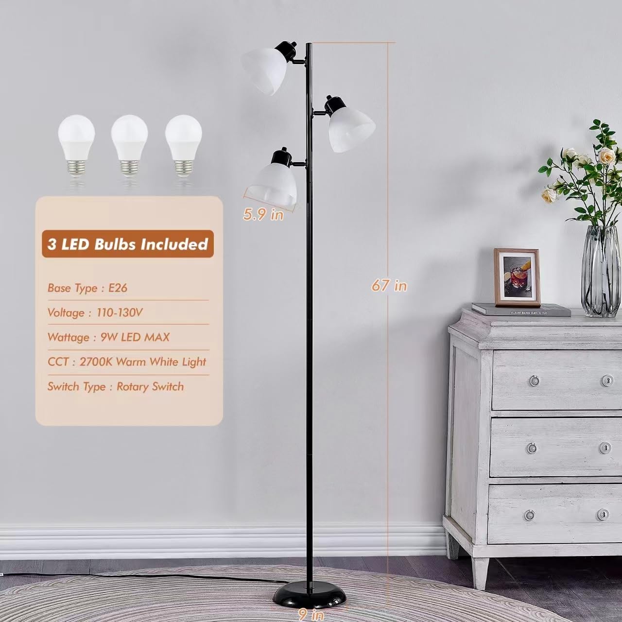 LTGSRC Modern Tree Floor Lamp for Living Room Bedroom, Tall Pole Standing Lamps with 3 Adjustable Rotating Heads for Office, Decor Corner, Reading Indoor, 3 Bright Lights LED Bulbs Included (Black)