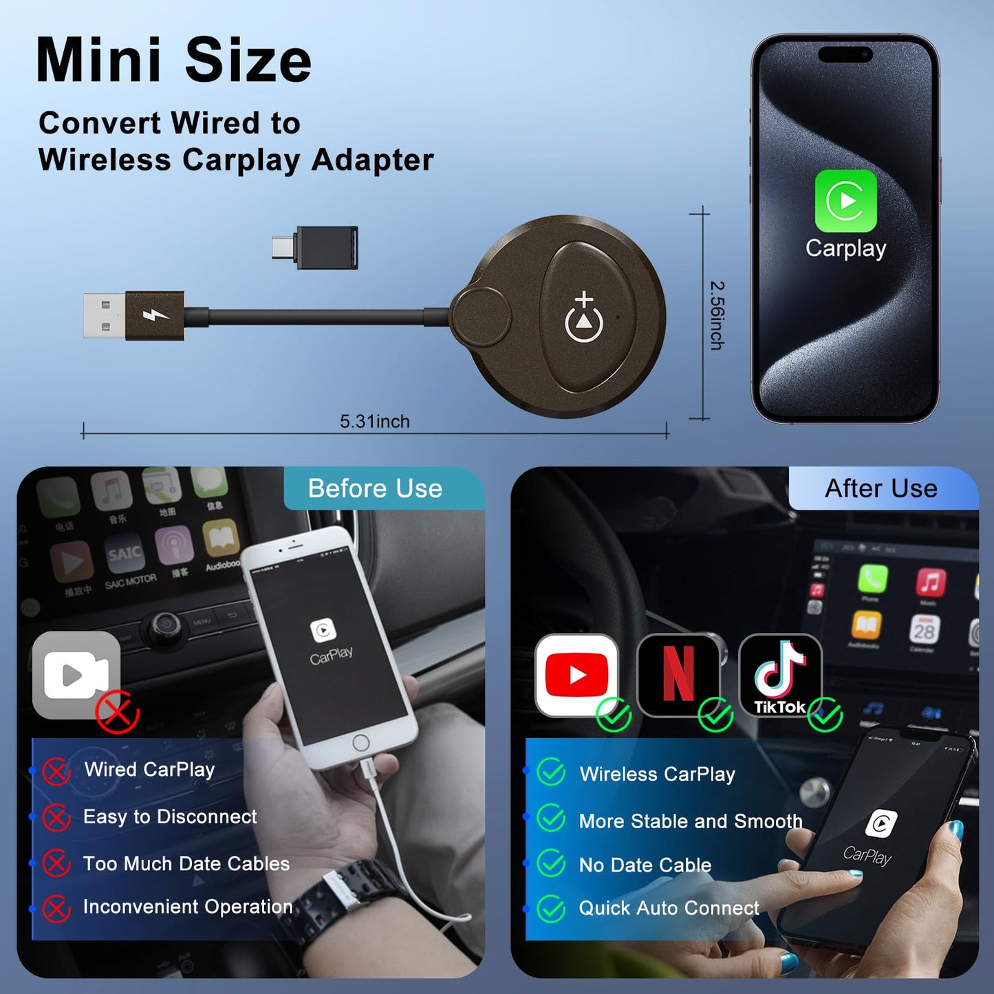 Wireless Carplay Adapter Built in YouTube Netflix,Carplay Wireless for Wired CarPlay to Wireless Support YouTube Netflix Tiktok Video Play,Easy Plug and Play_Black