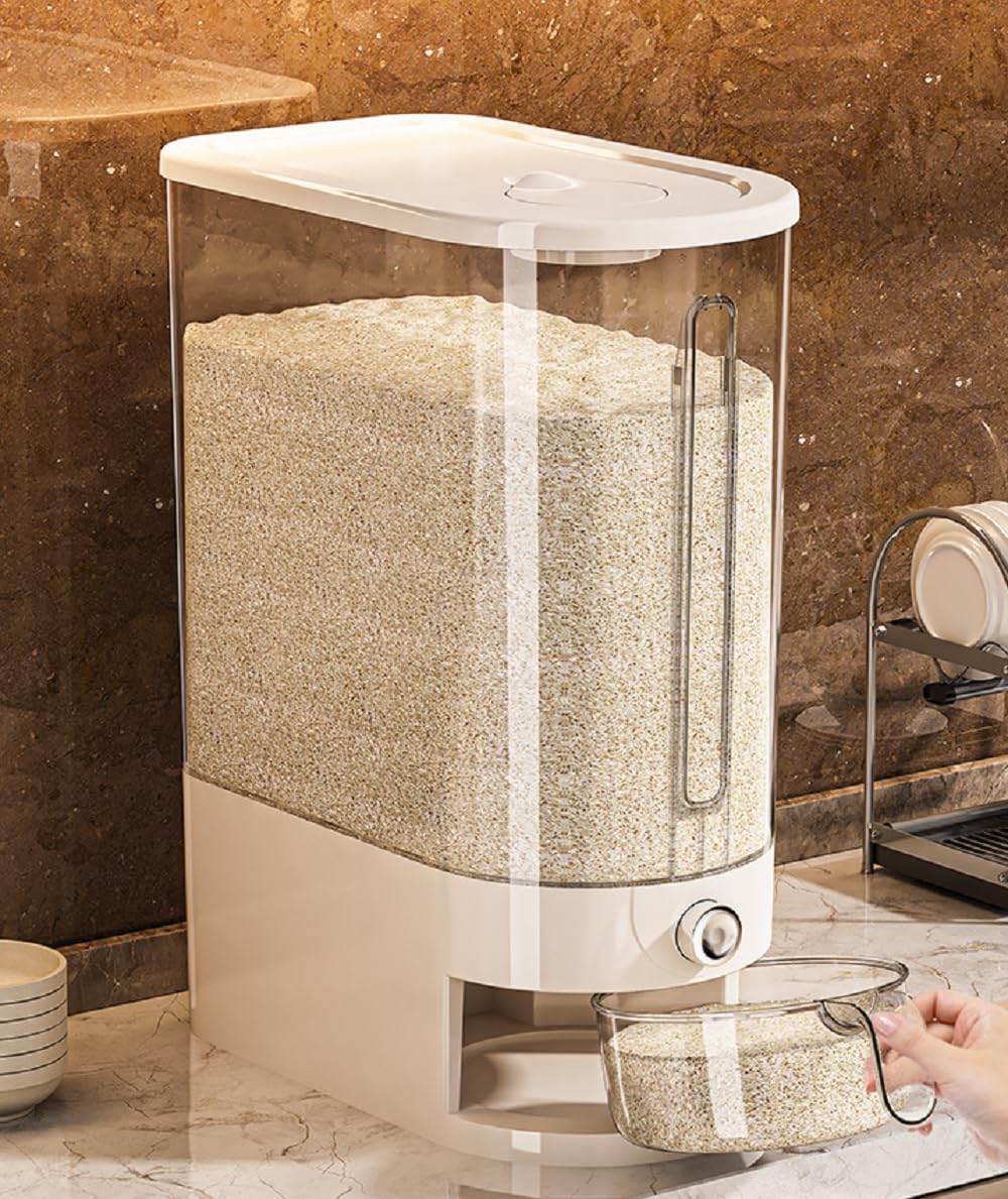 HYMIC Large Rice Dispenser 25Lbs, Cereal Dispenser Rice Container Food Storage Container with Measuring Cup, Cereal Containers Storage Kitchen Storage Household Rice Pet Food Holder (25LBS)