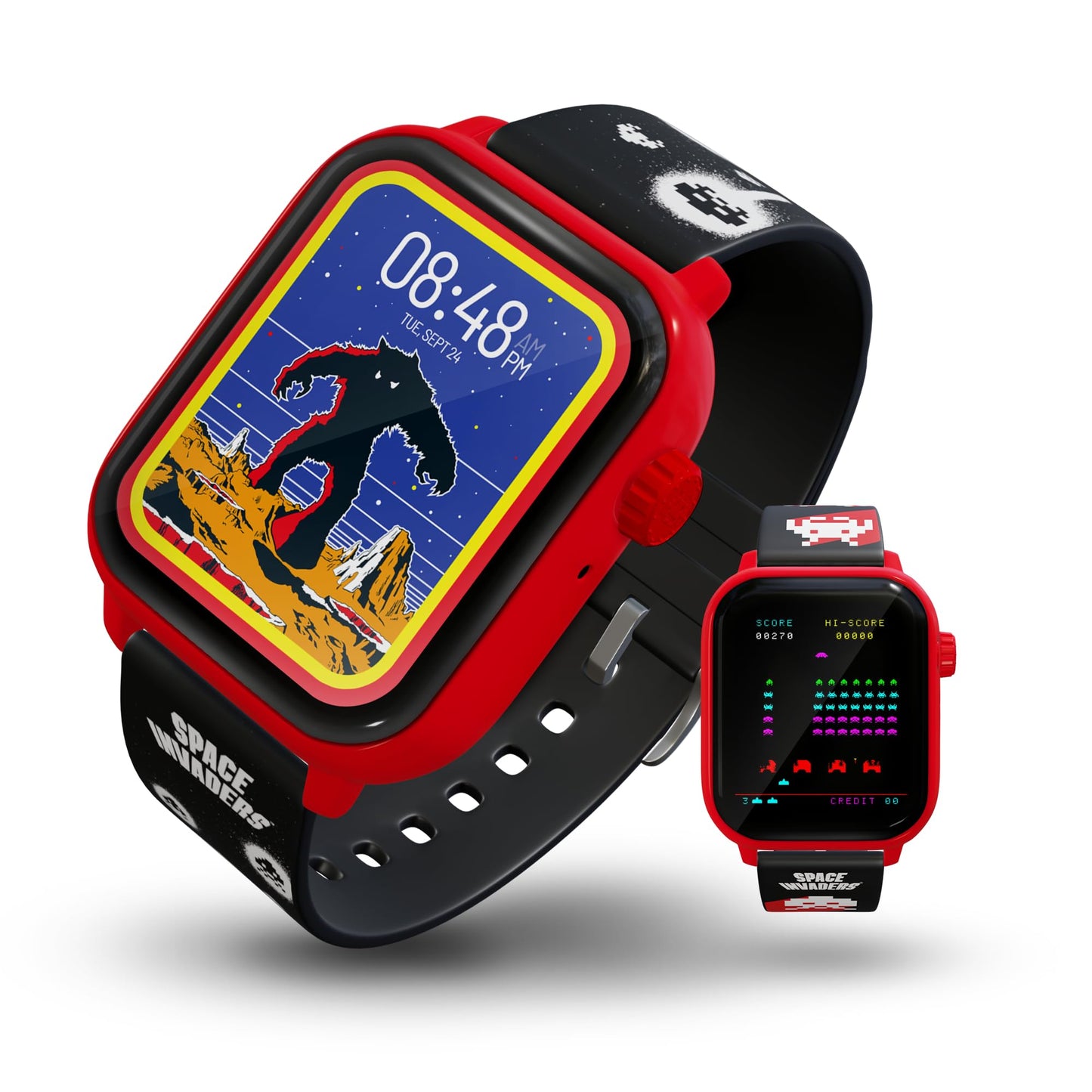 My Play Watch Space Invaders Retro Gaming Smart Watch, Selective Tech, Red Bezel, Non-Connected, Built-in Space Invaders™ Game, Custom Watch Faces, Classic Arcade Sound, IP67 Rating