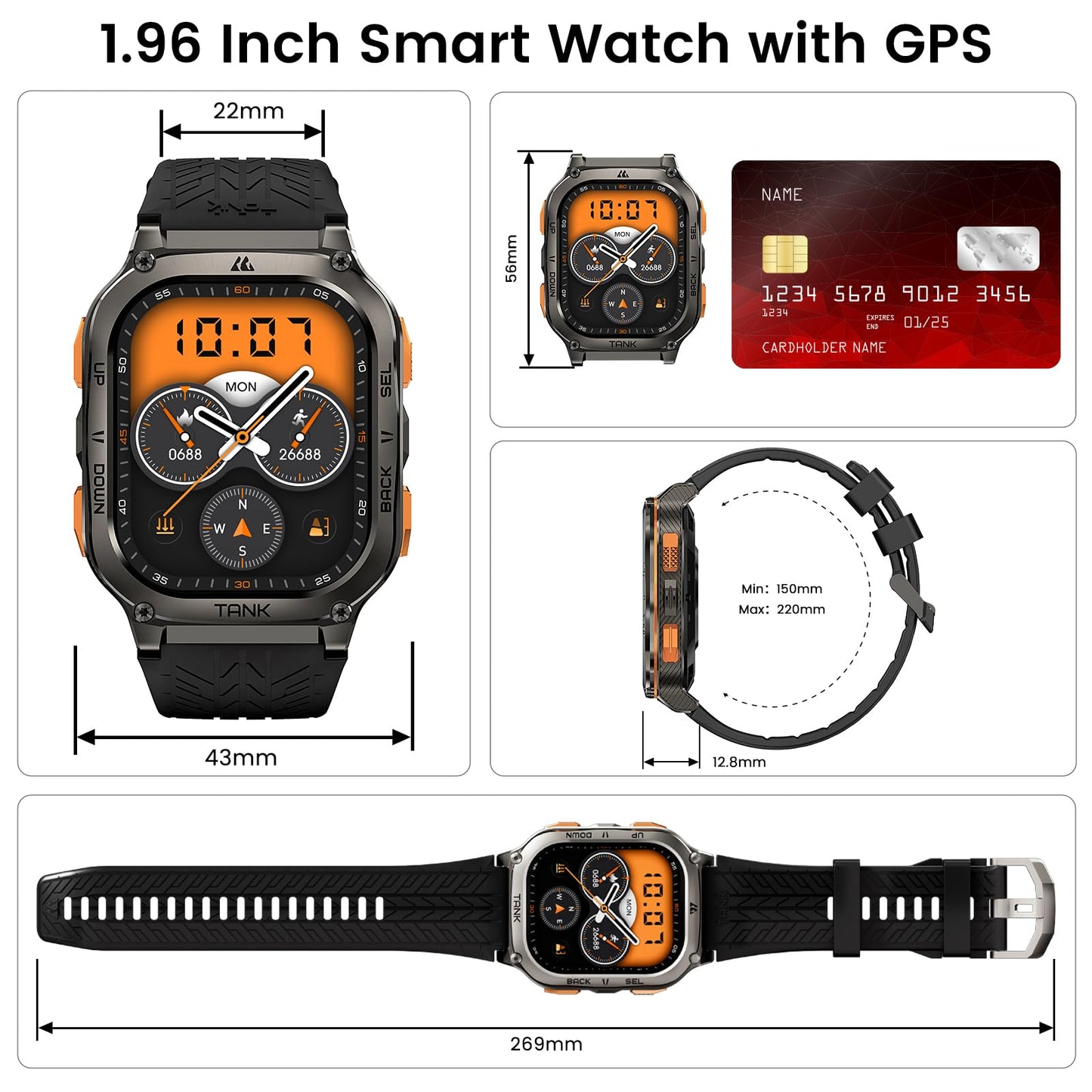KOSPET Tank M3 Ultra Smart Watch with GPS, 50M Waterproof, Compass, Altitude, Air Pressure, 480mAh Extra Large Battery, Full Stainless Steel, Bluetooth Call, 1.96'' AMOLED Always-on Display, AI Voice