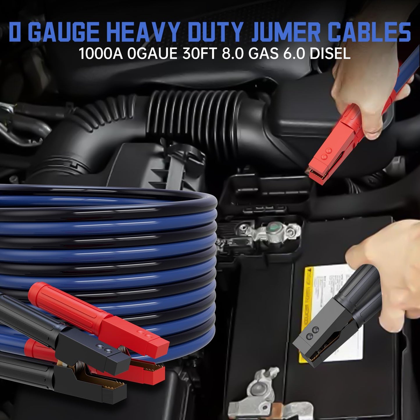 JYEARN Heavy Duty Jumper Cables, 0 Gauge 30 Feet 1000AMP, Automotive Booster Cables for 12V & 24V Cars, Jump Starter for Dead or Weak Batteries, Suitable for 8L Gas & 6L Diesel, Includes Carry Bag