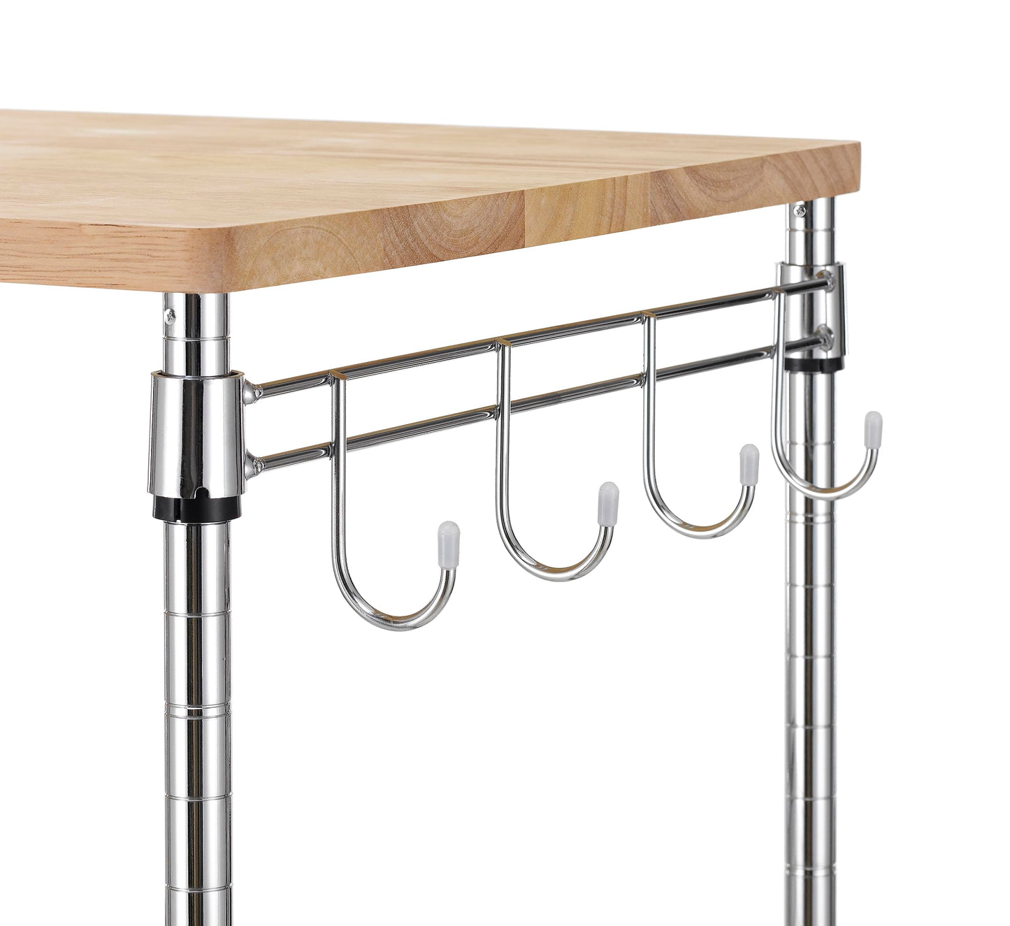 Finnhomy 3-Tier Rolling Kitchen Cart, Microwave Cart with Oak Wood Tabletop and Drawer Slider, Coffee Cart & Food Service Cart with Hooks, Chrome